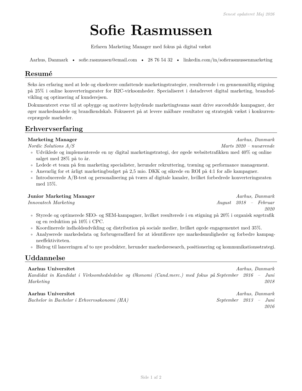 Marketing Managers CV in Danish — page 1