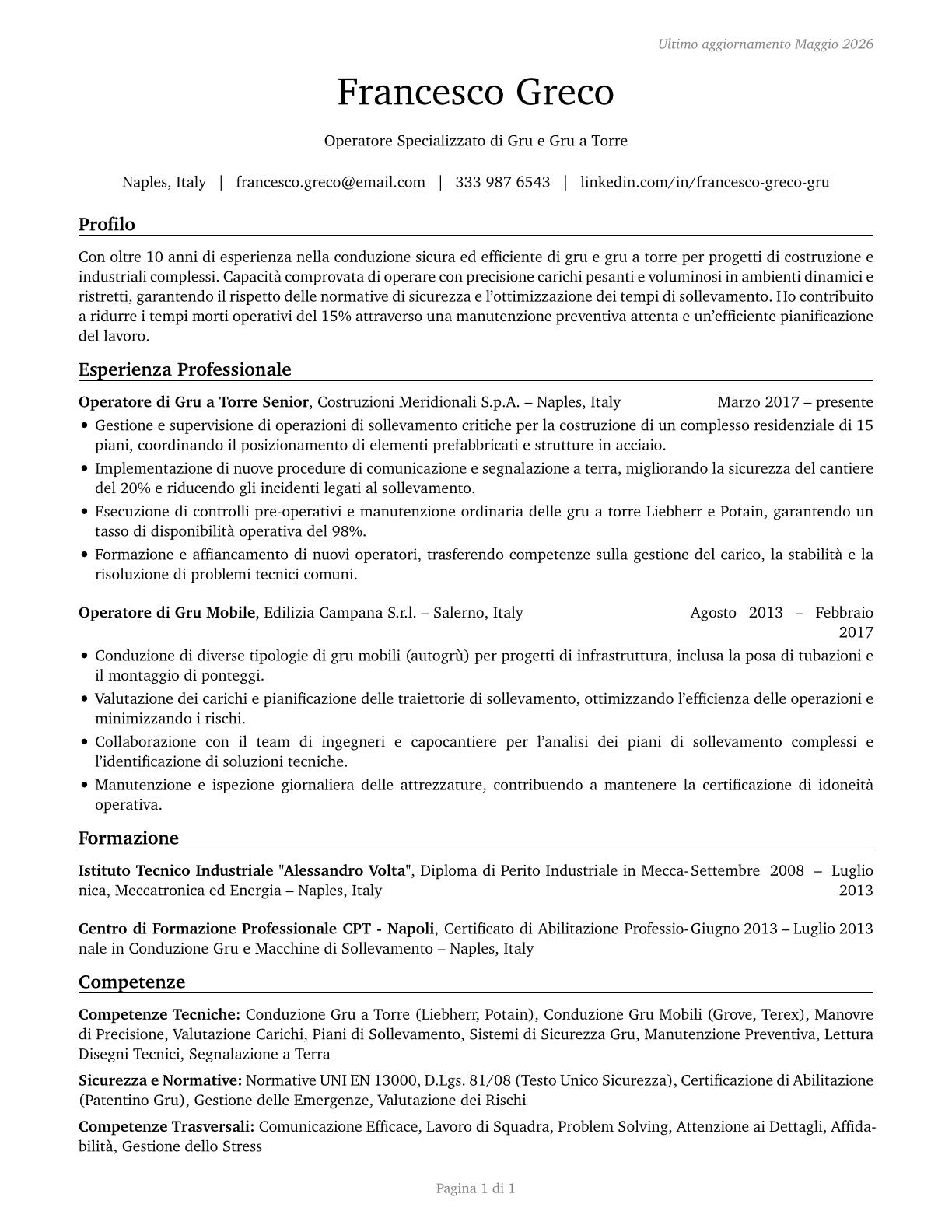 Crane and Tower Operators CV in Italian — page 1