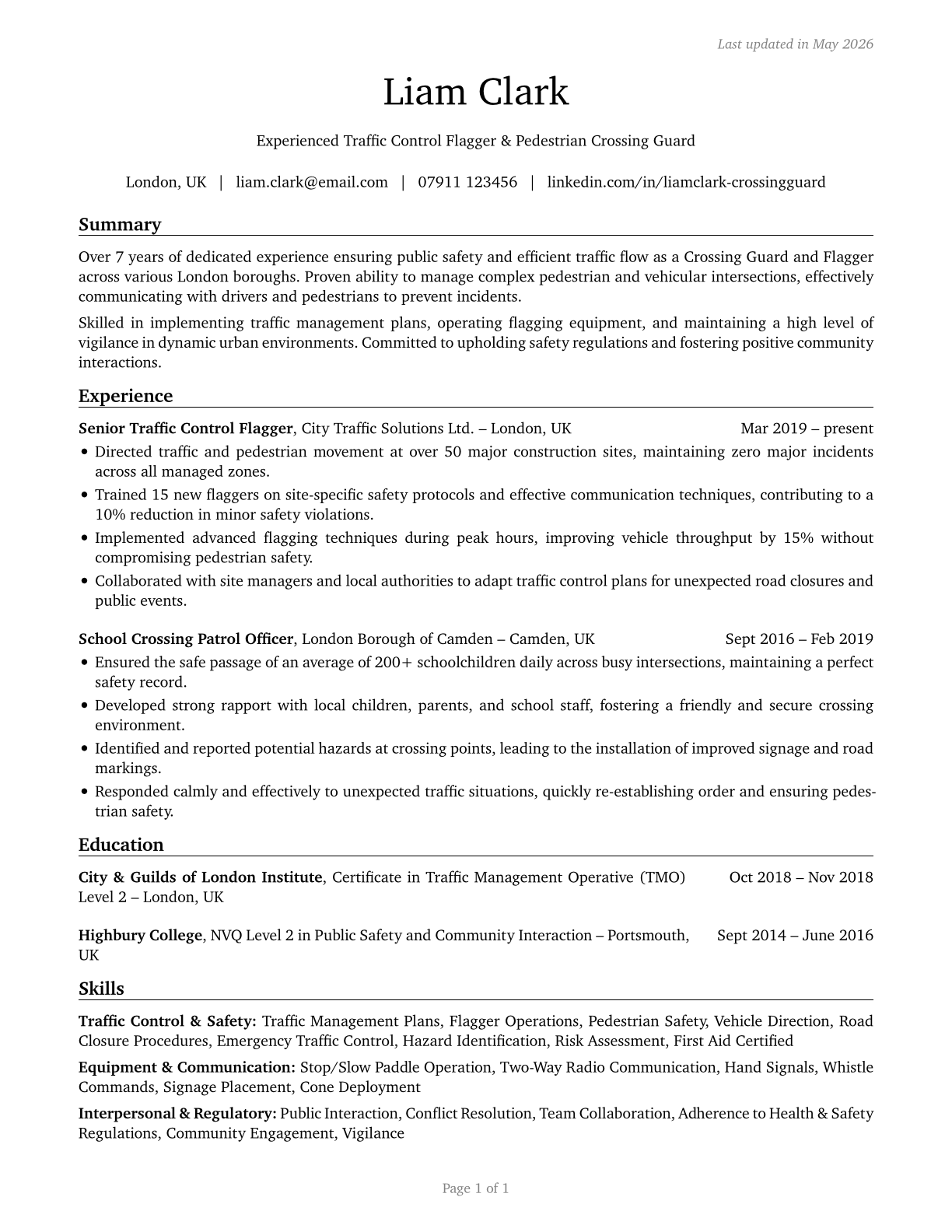 Crossing Guards and Flaggers CV in English — page 1