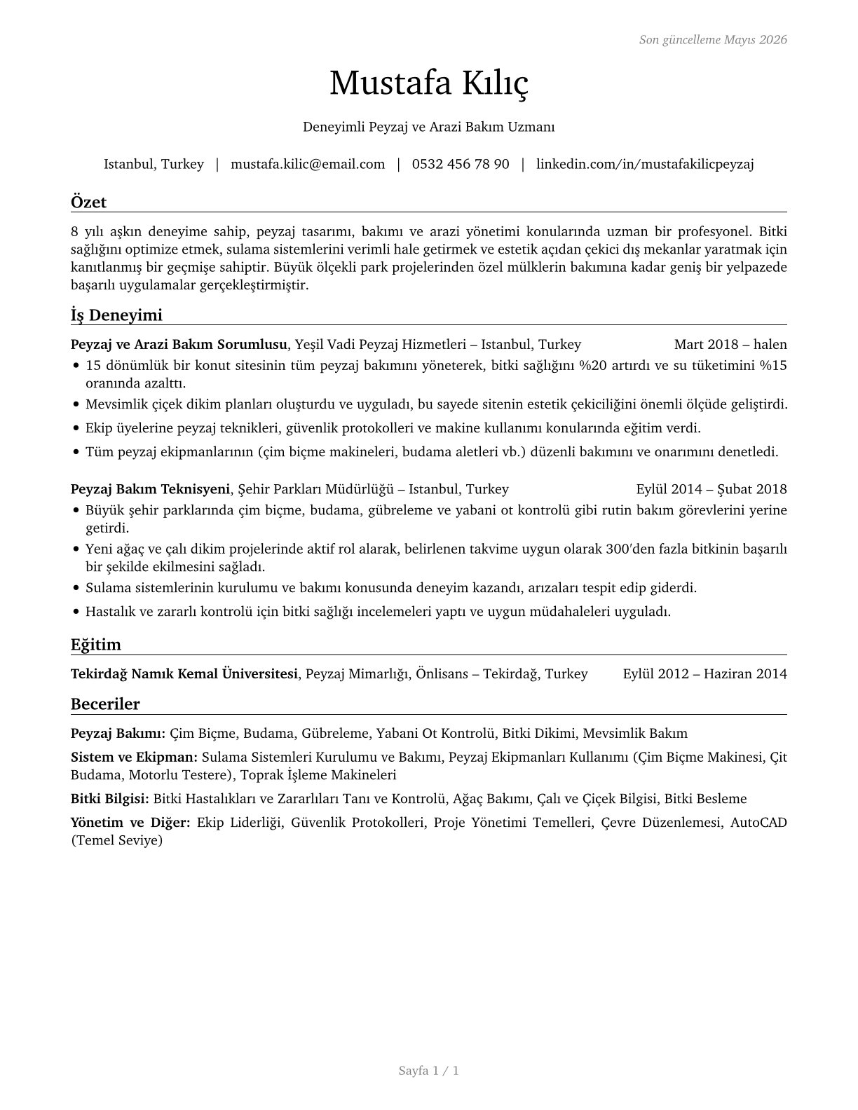 Landscaping and Groundskeeping Workers CV in Turkish — page 1