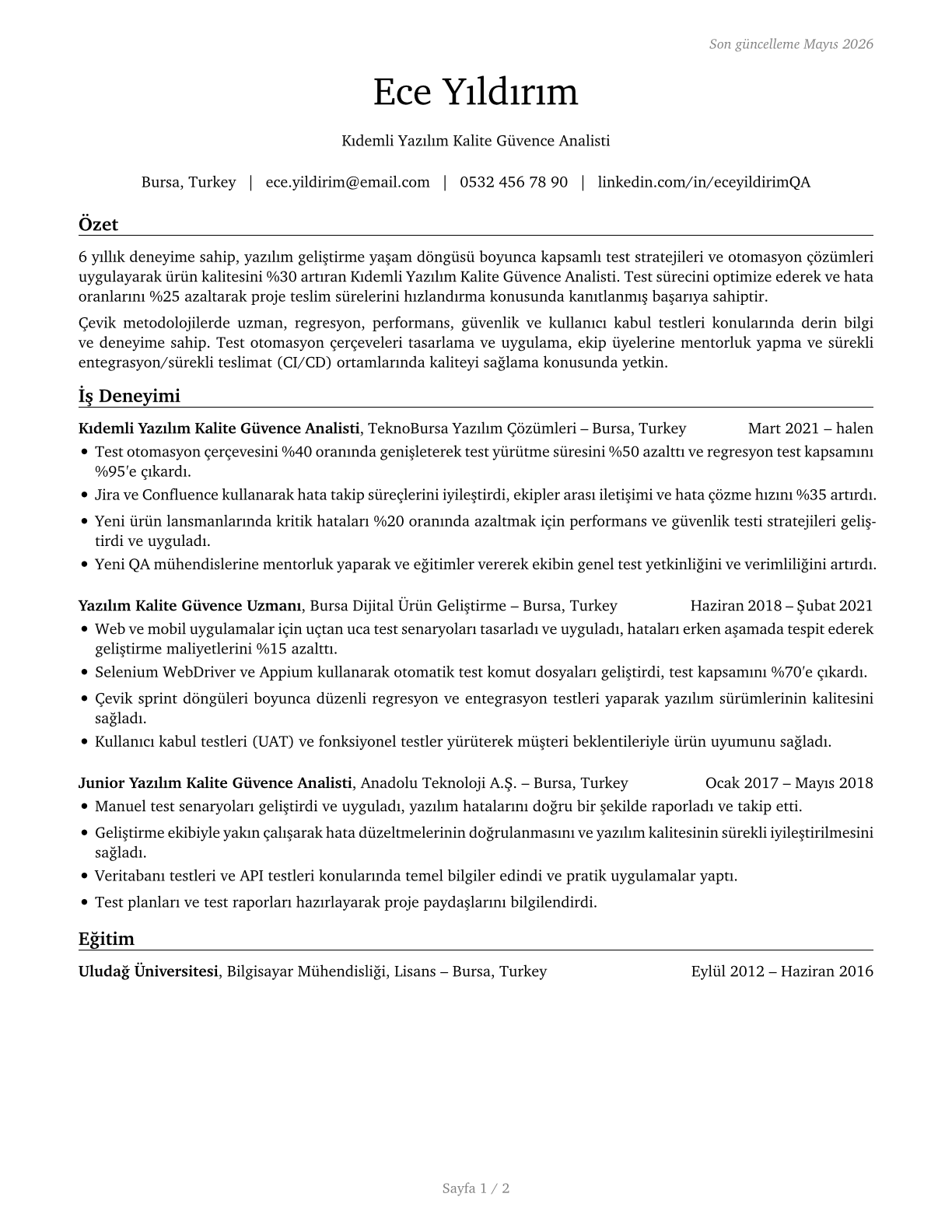 Software Quality Assurance Analysts and Testers CV in Turkish — page 1