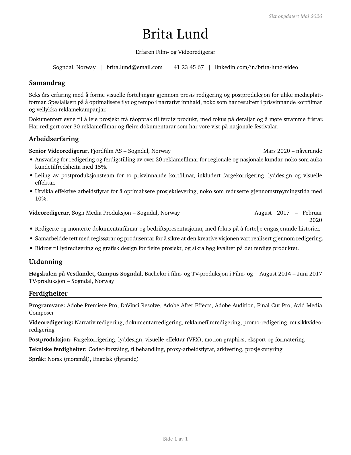Film and Video Editors CV in Norwegian_nynorsk — page 1