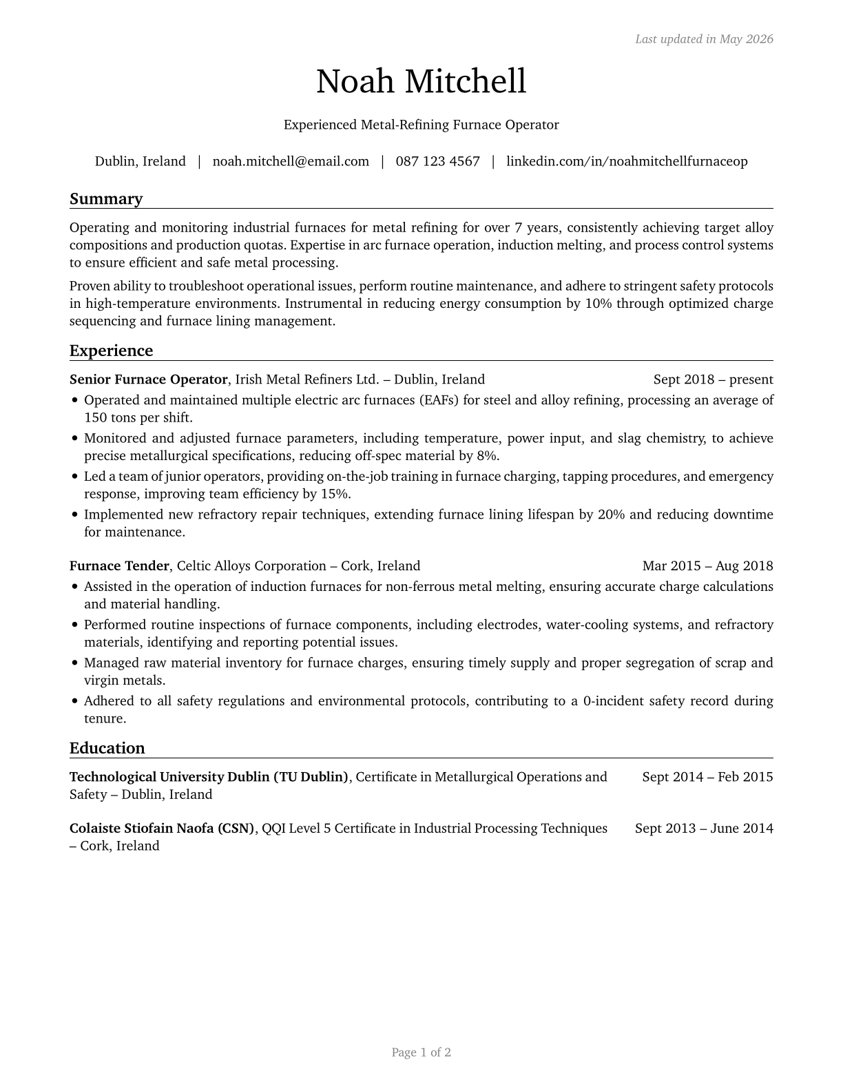 Metal-Refining Furnace Operators and Tenders CV in English — page 1