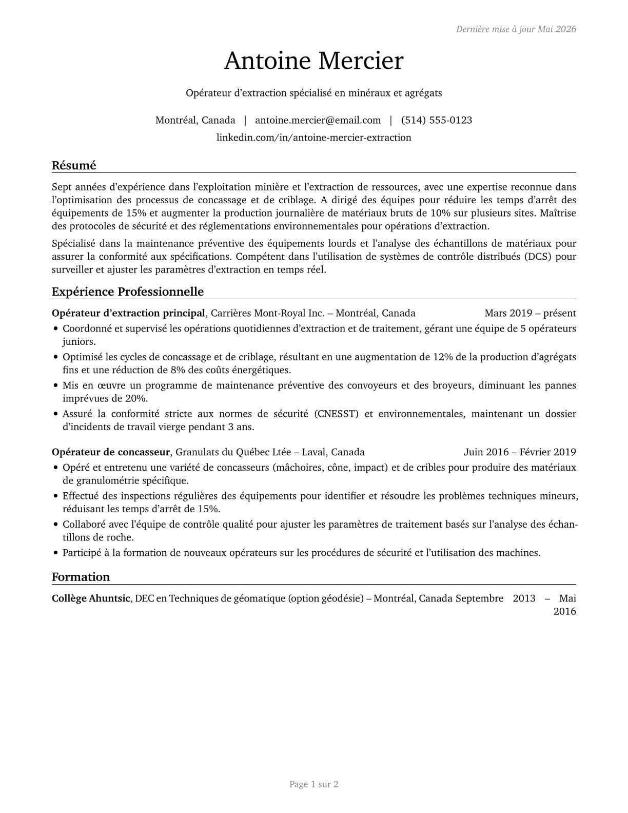 Extraction Workers, All Other CV in French — page 1