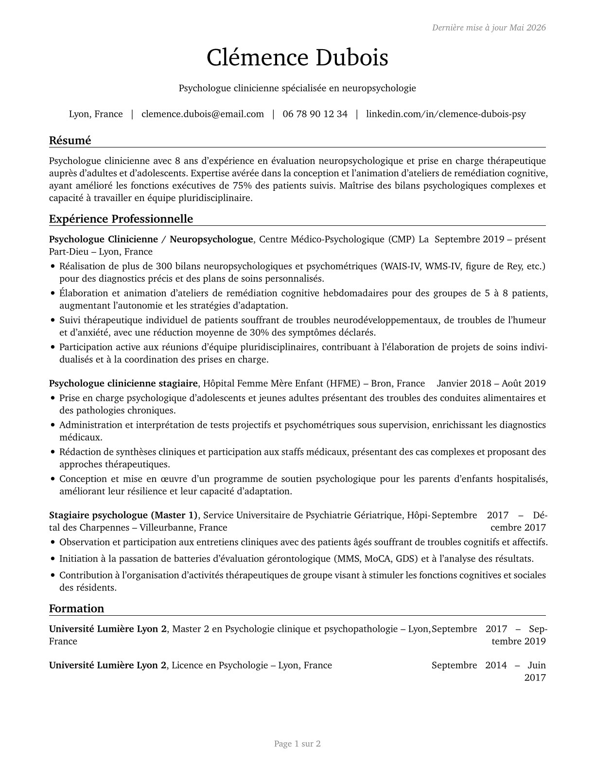 Psychologists, All Other CV in French — page 1