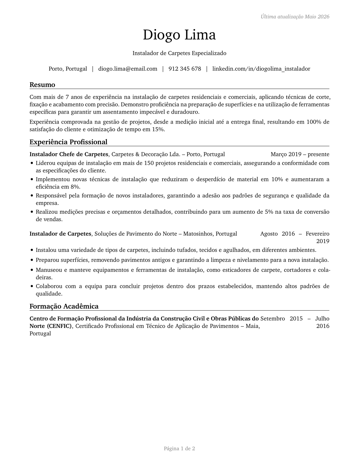 Carpet Installers CV in Portuguese — page 1