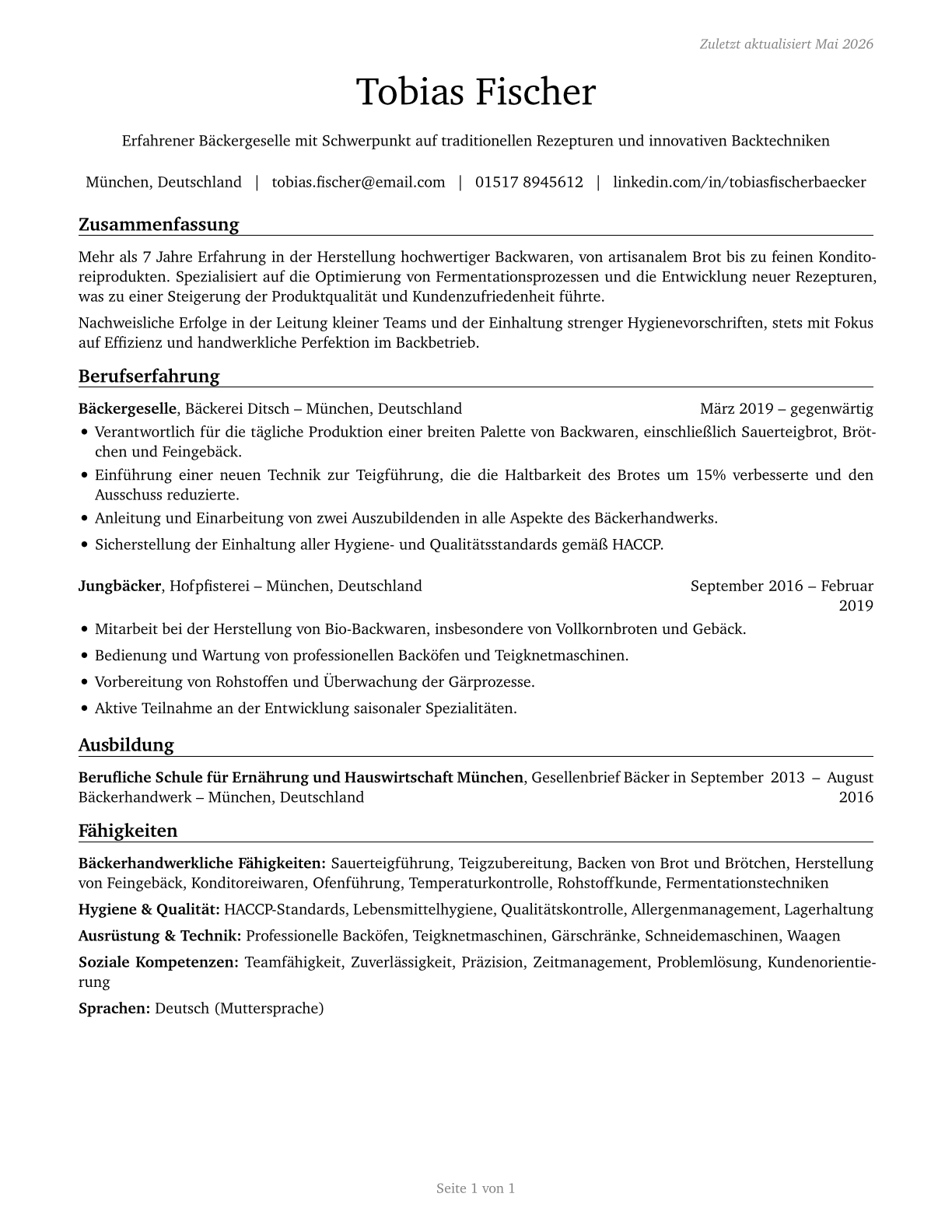 Bakers CV in German — page 1