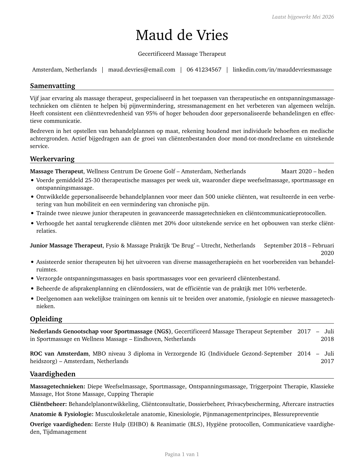 Massage Therapists CV in Dutch — page 1