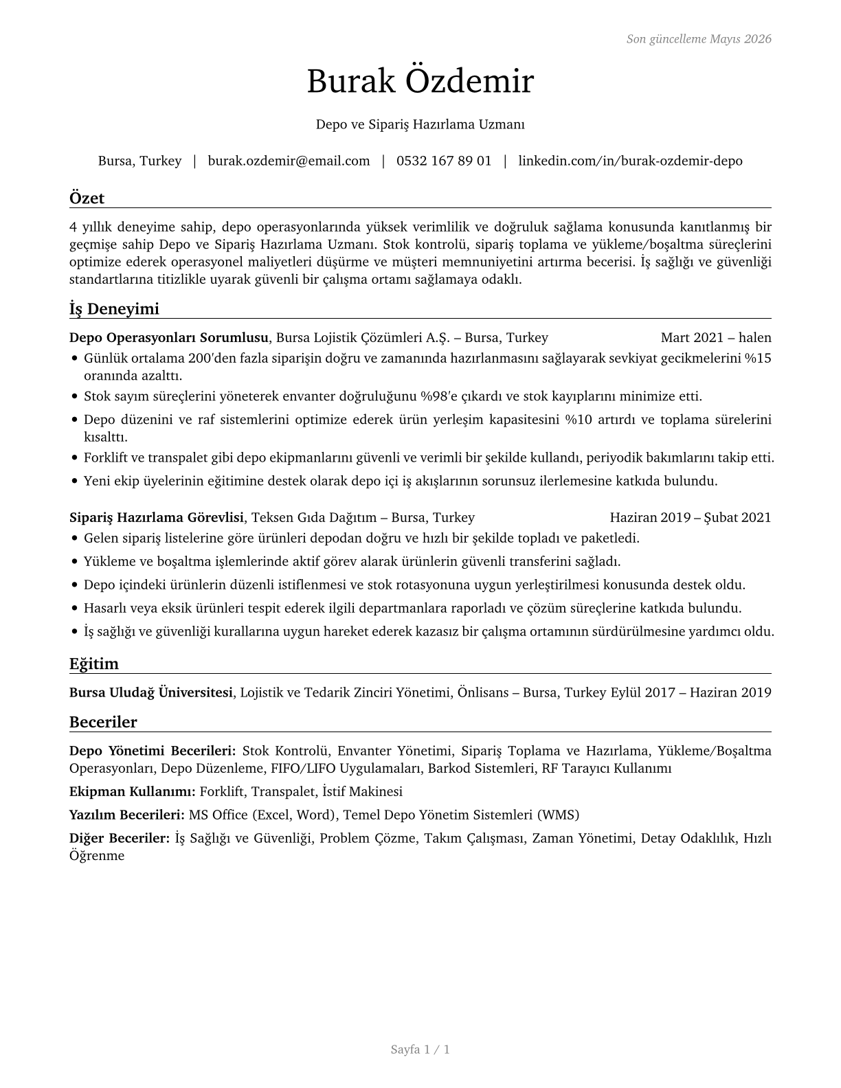 Stockers and Order Fillers CV in Turkish — page 1