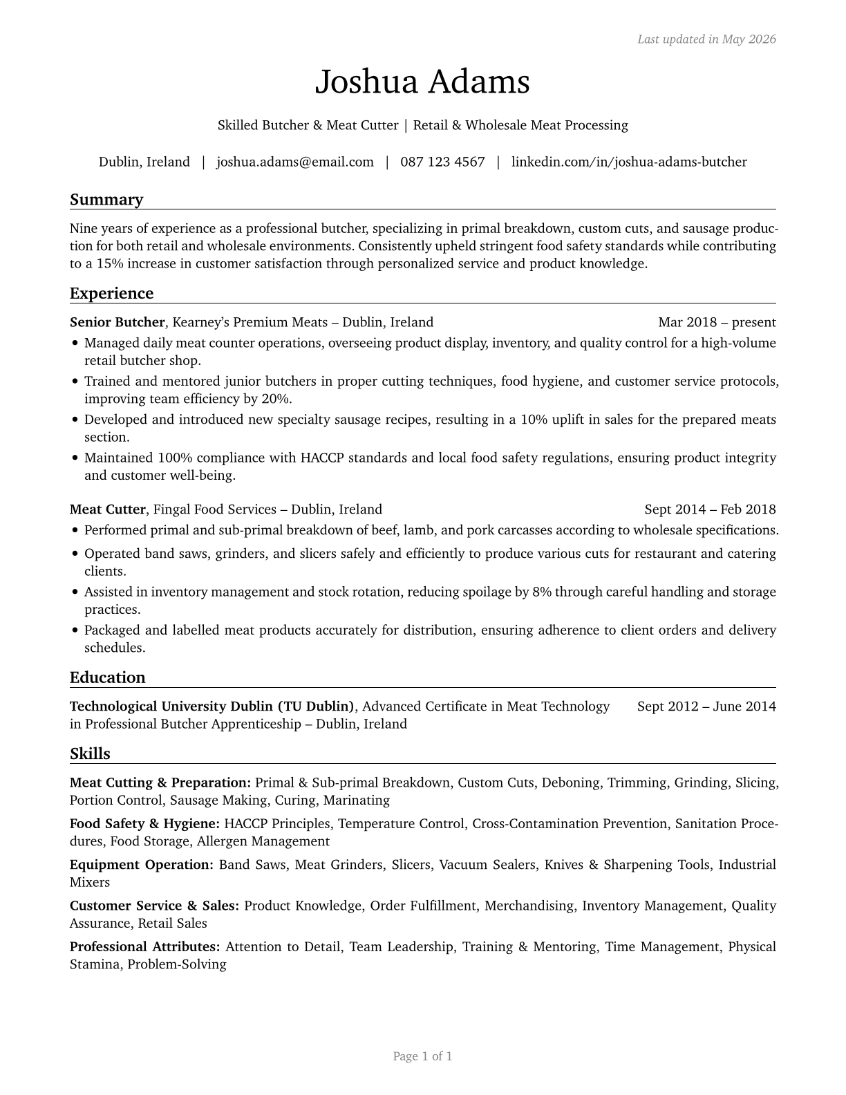 Butchers and Meat Cutters CV in English — page 1