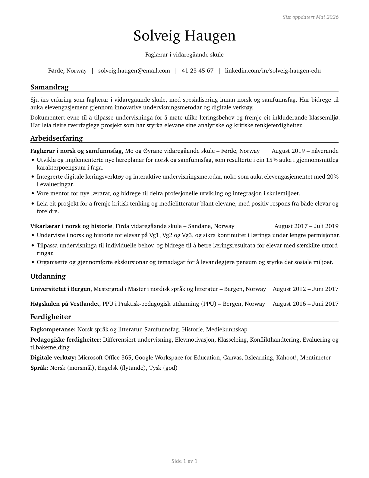Secondary School Teachers, Except Special and Career/Technical Education CV in Norwegian_nynorsk — page 1