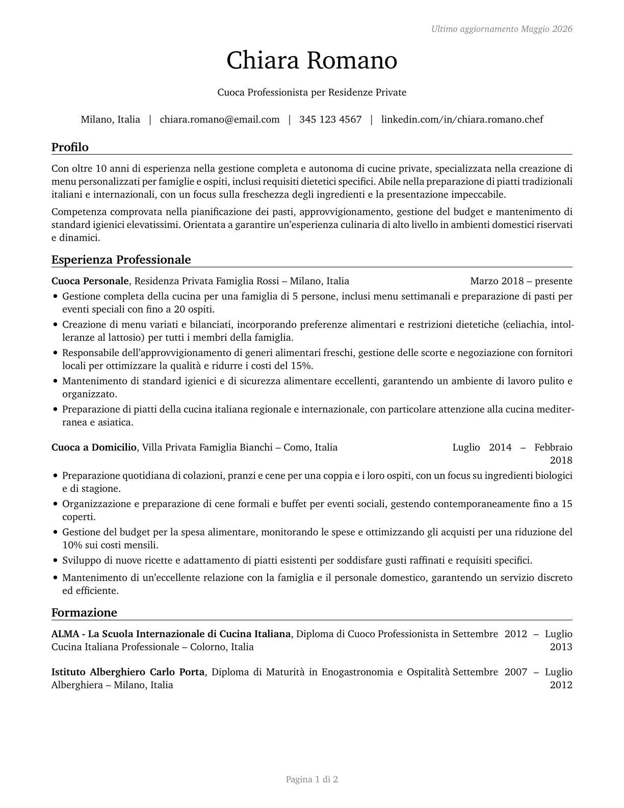 Cooks, Private Household CV in Italian — page 1