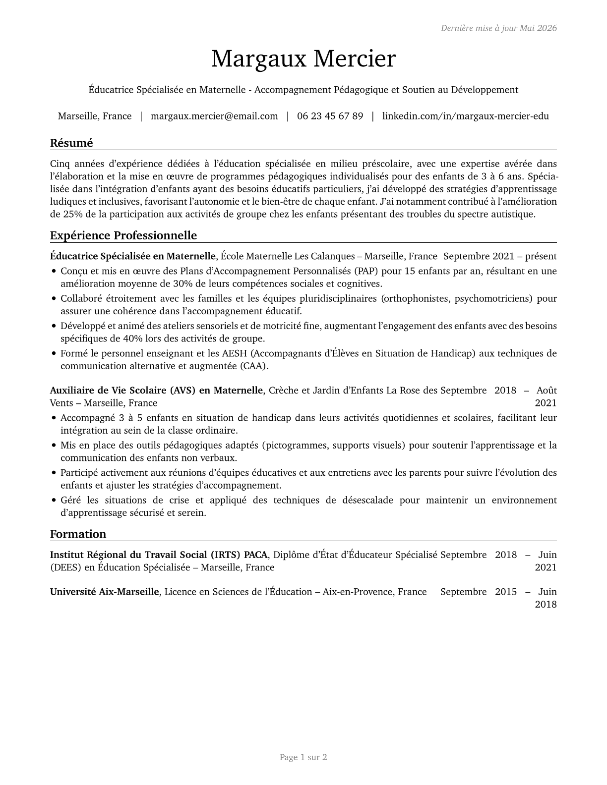 Special Education Teachers, Preschool CV in French — page 1