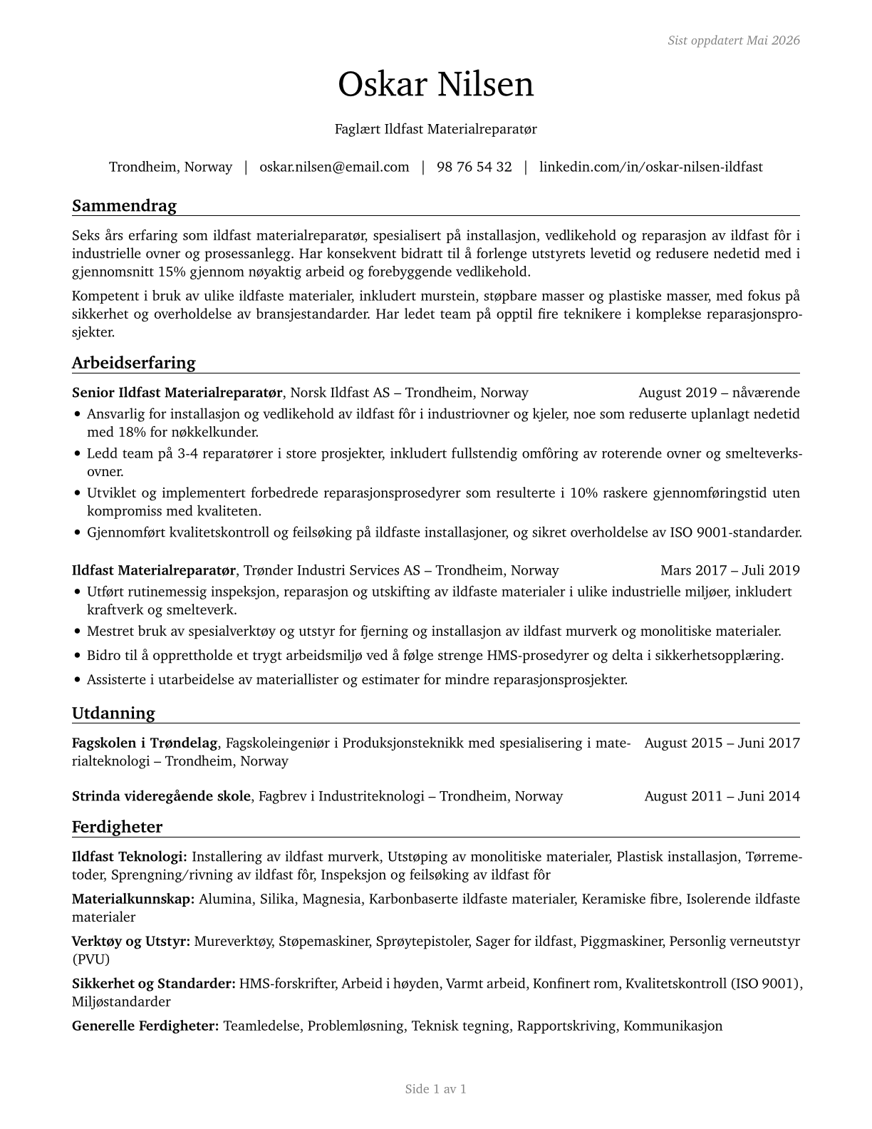 Refractory Materials Repairers, Except Brickmasons CV in Norwegian_bokmal — page 1