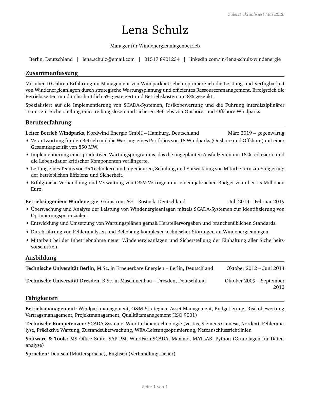 Wind Energy Operations Managers CV in German — page 1