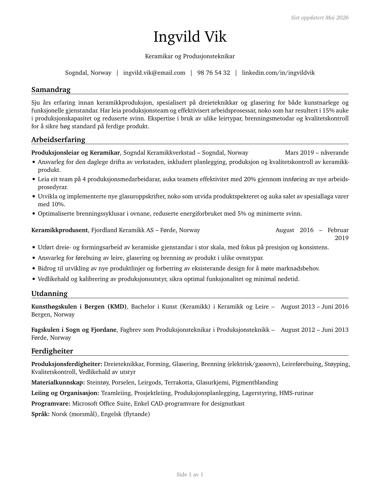 Potters, Manufacturing CV in Norwegian_nynorsk — page 1