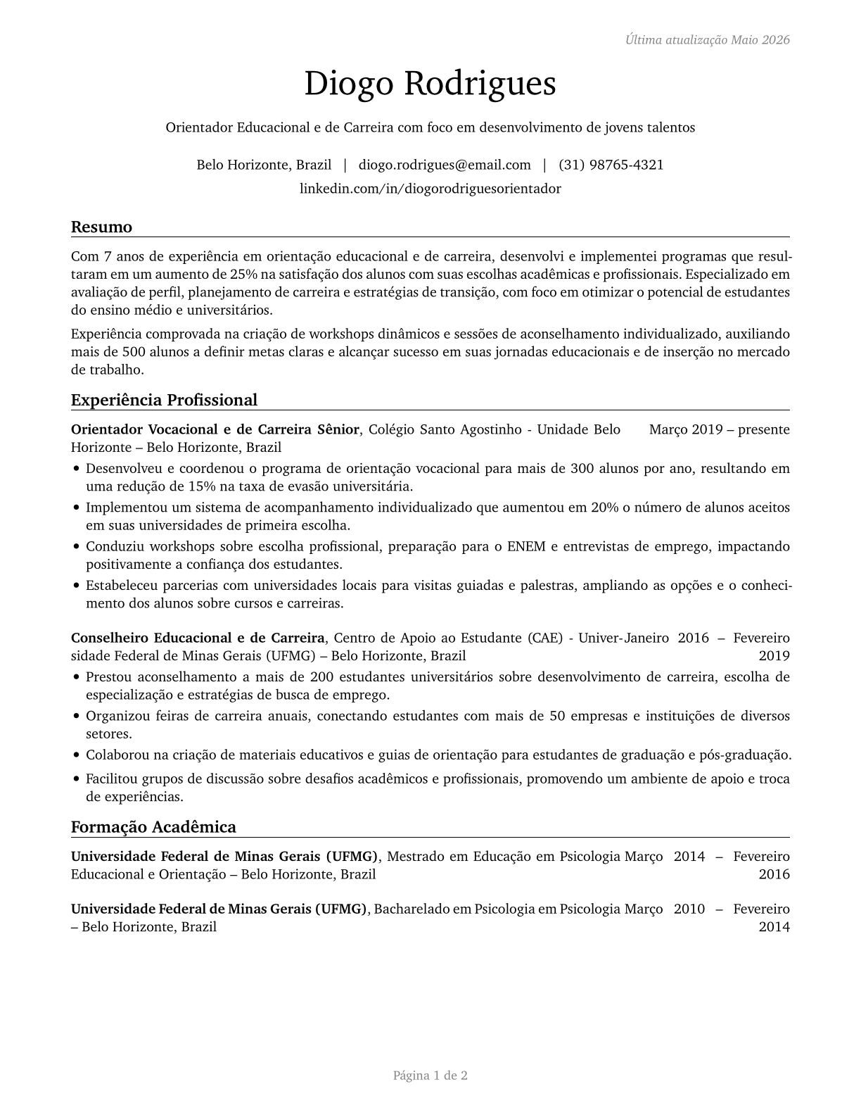 Educational, Guidance, and Career Counselors and Advisors CV in Portuguese — page 1