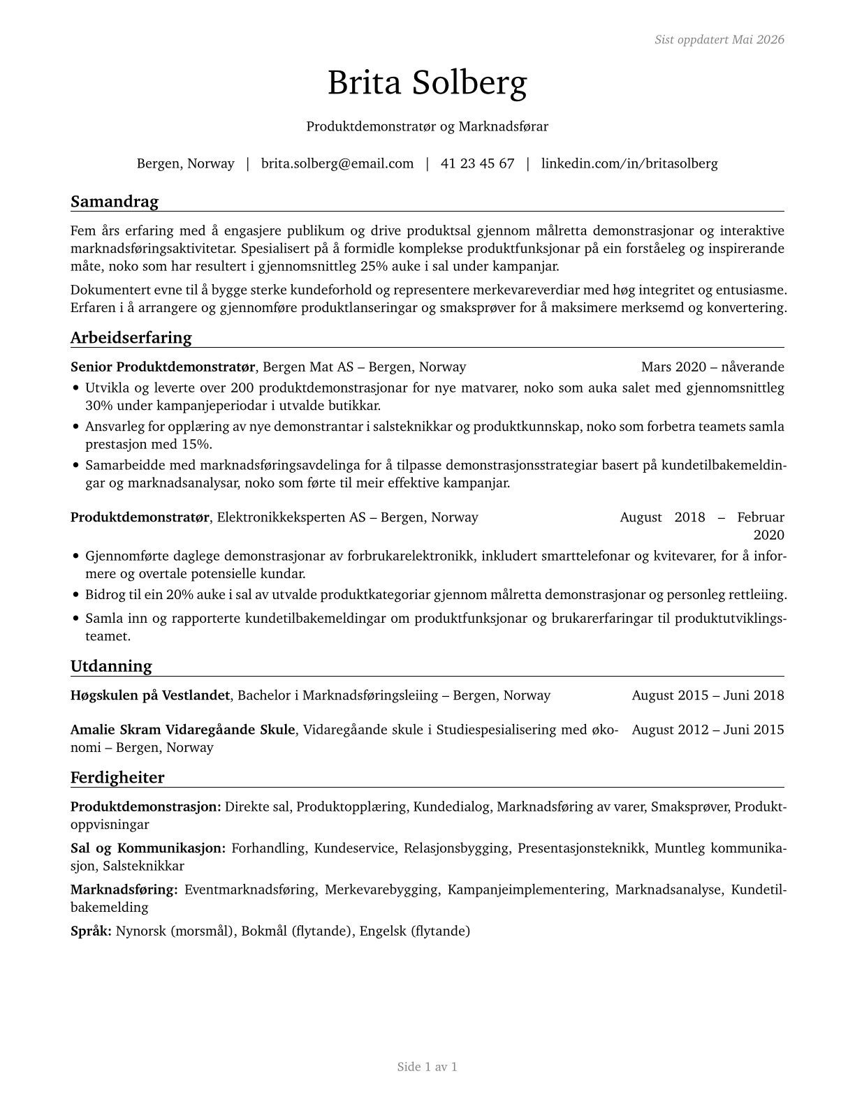 Demonstrators and Product Promoters CV in Norwegian_nynorsk — page 1