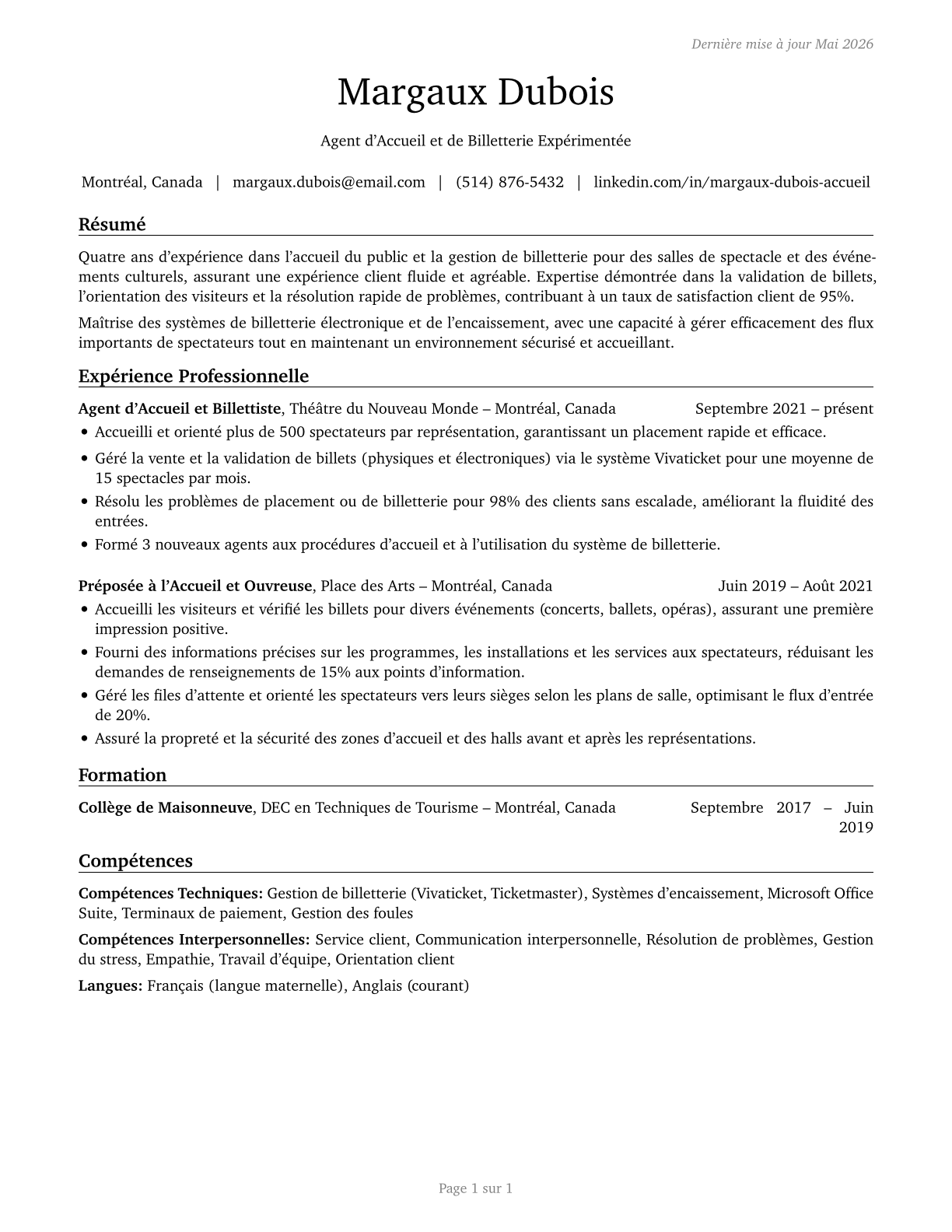 Ushers, Lobby Attendants, and Ticket Takers CV in French — page 1