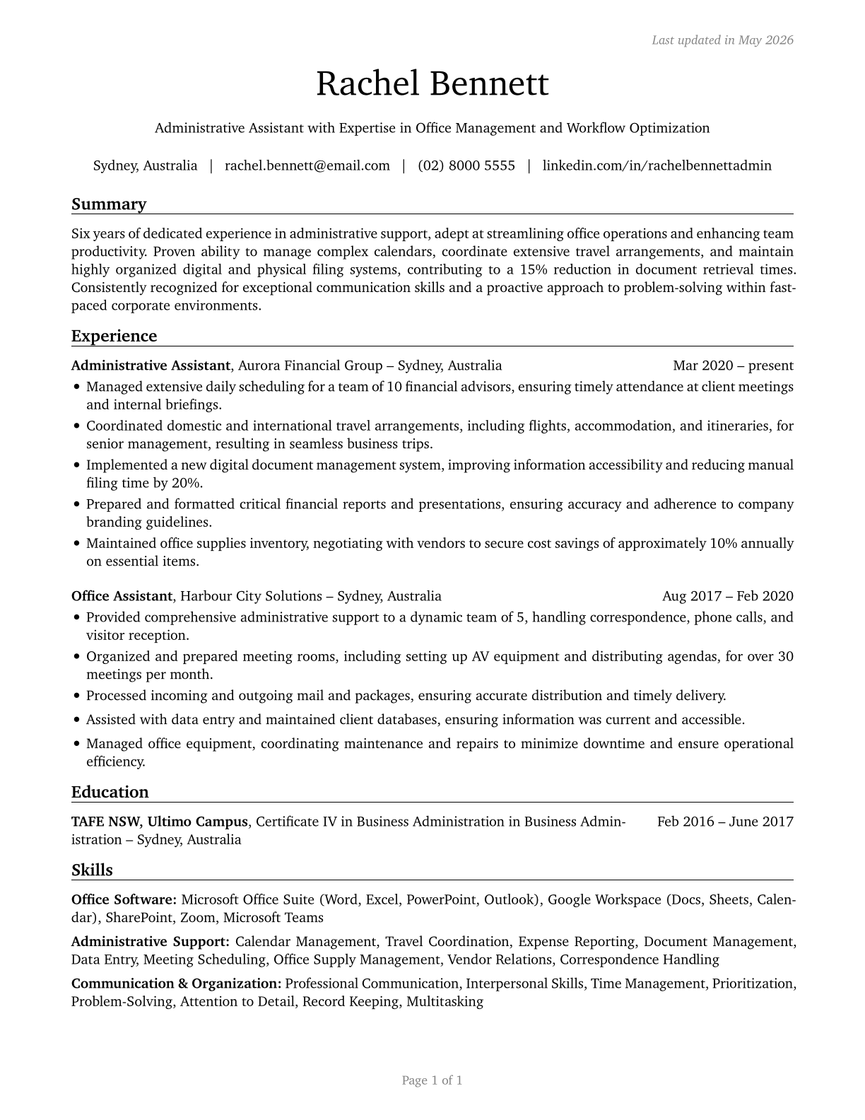 Secretaries and Administrative Assistants, Except Legal, Medical, and Executive CV in English — page 1