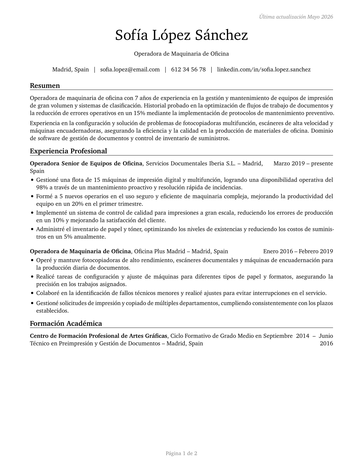 Office Machine Operators, Except Computer CV in Spanish — page 1