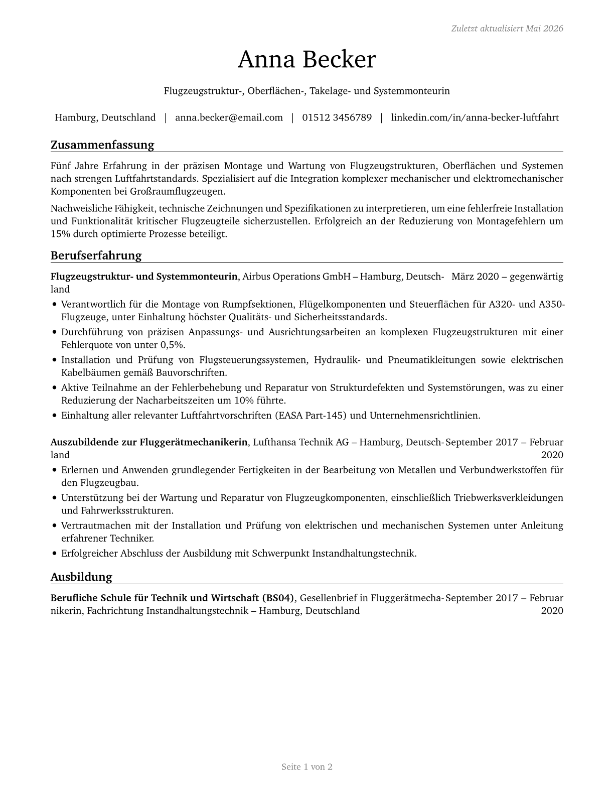 Aircraft Structure, Surfaces, Rigging, and Systems Assemblers CV in German — page 1