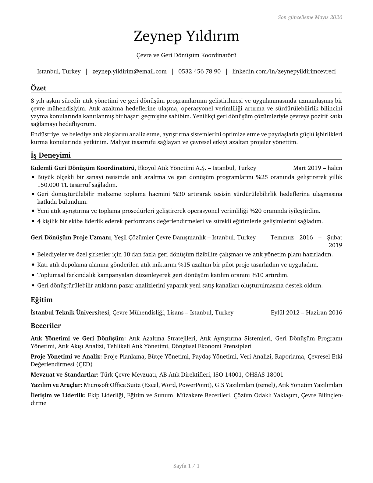 Recycling Coordinators CV in Turkish — page 1