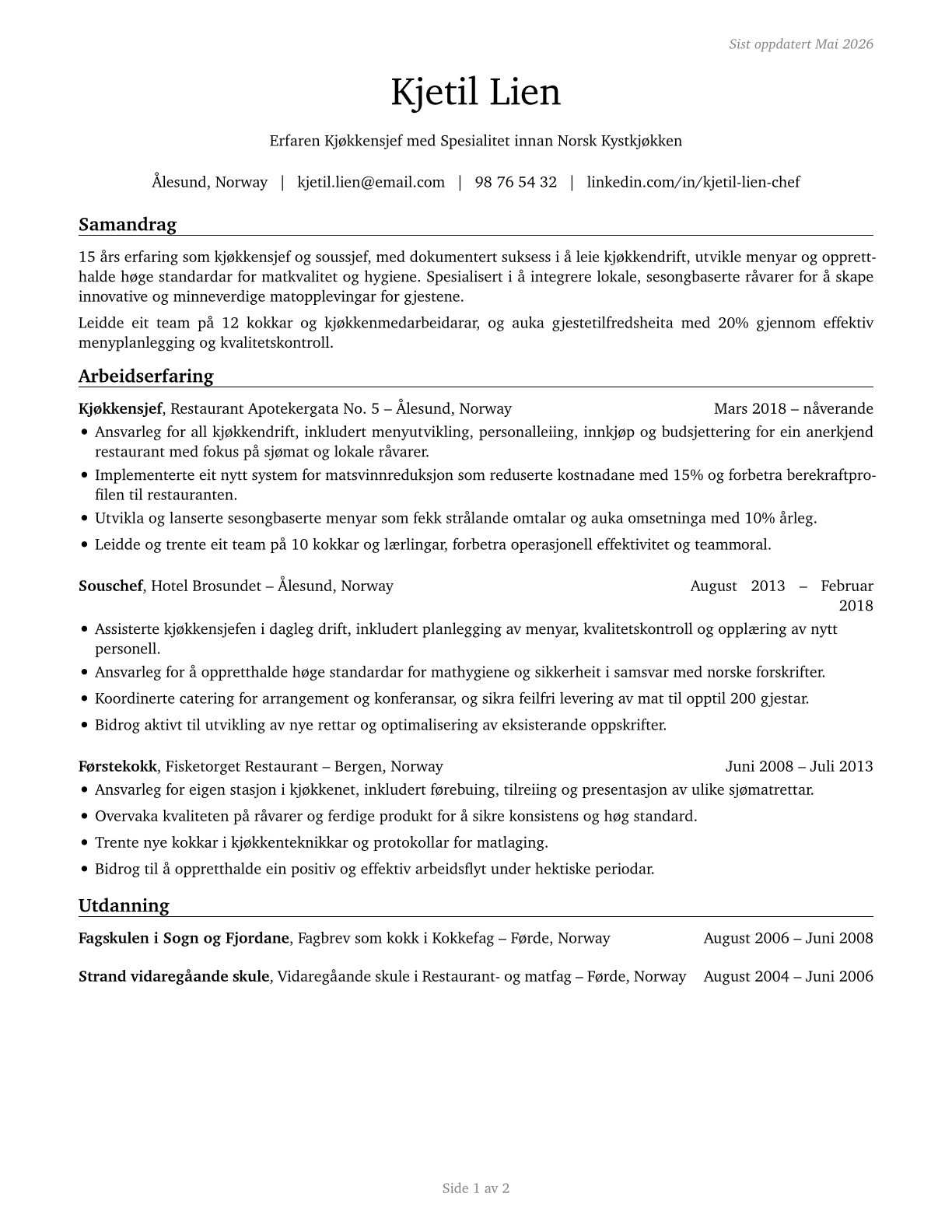 Chefs and Head Cooks CV in Norwegian_nynorsk — page 1