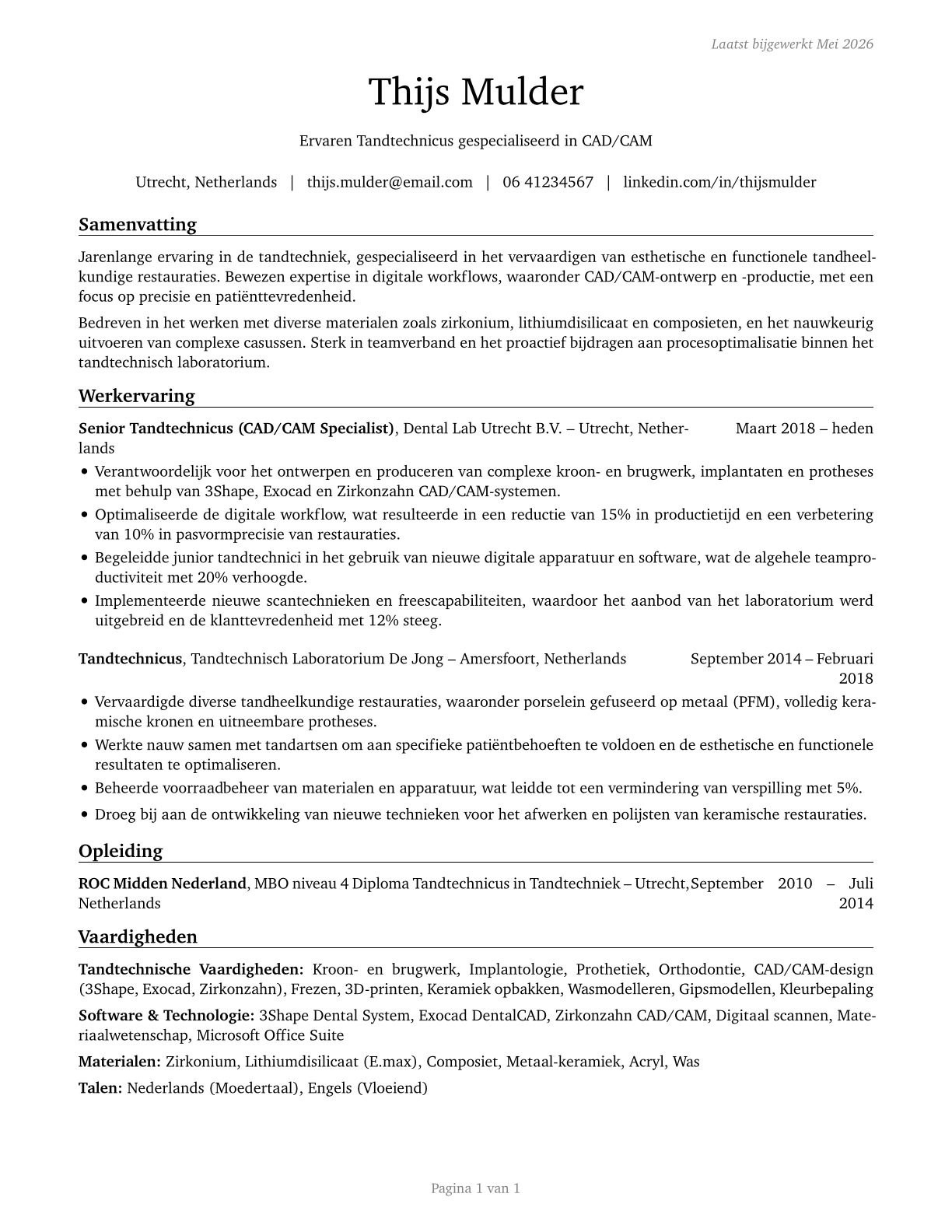 Dental Laboratory Technicians CV in Dutch — page 1