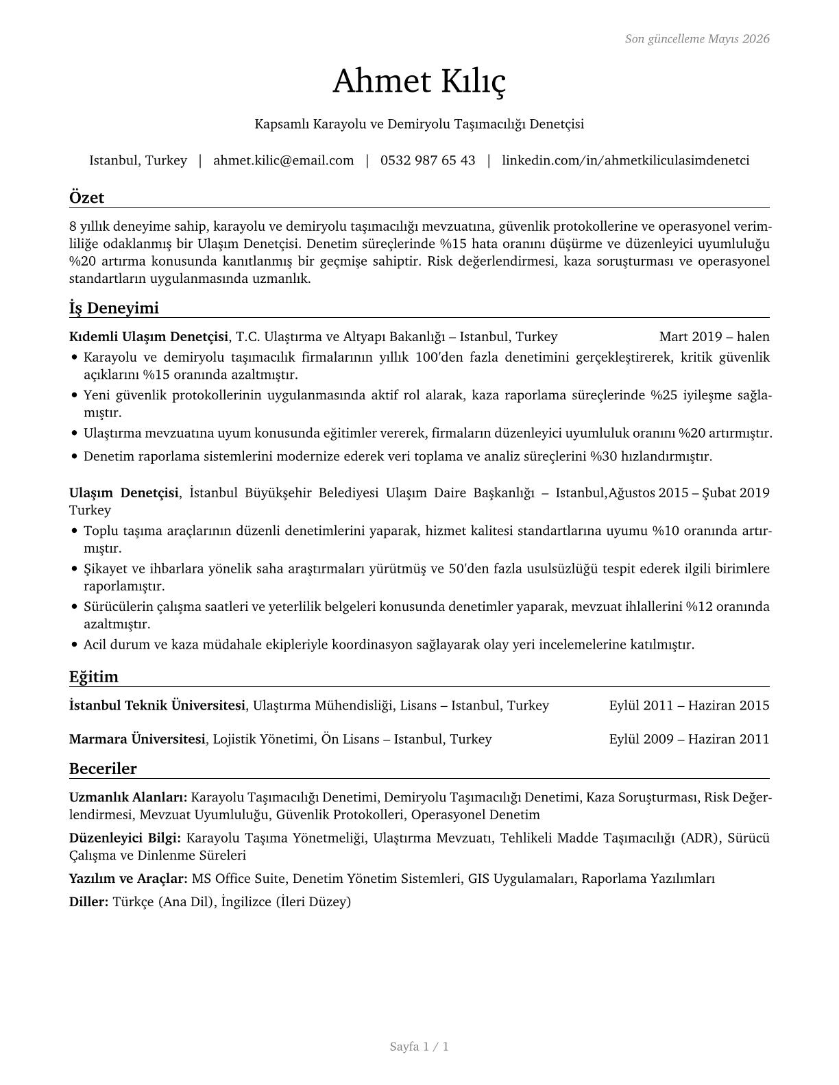 Transportation Inspectors CV in Turkish — page 1