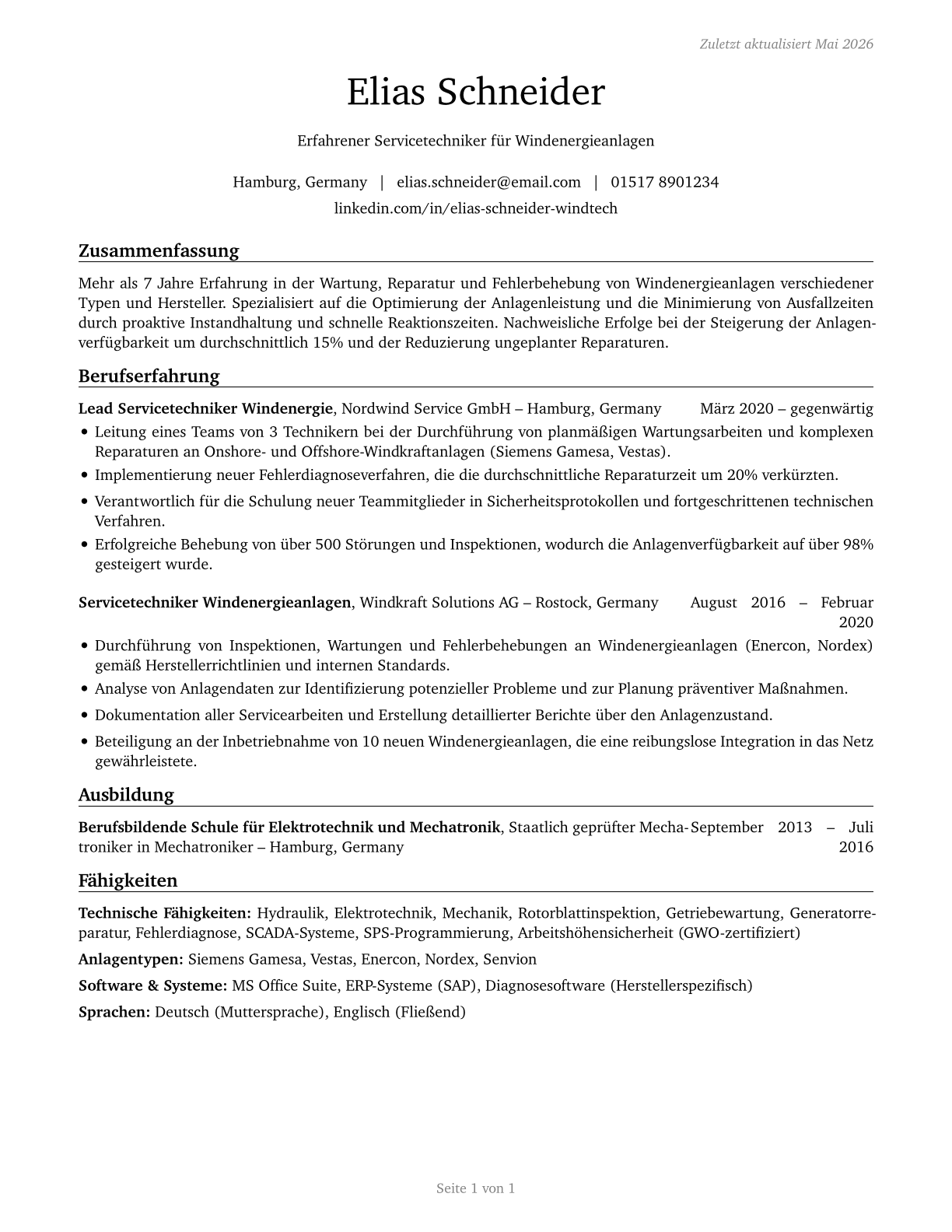 Wind Turbine Service Technicians CV in German — page 1