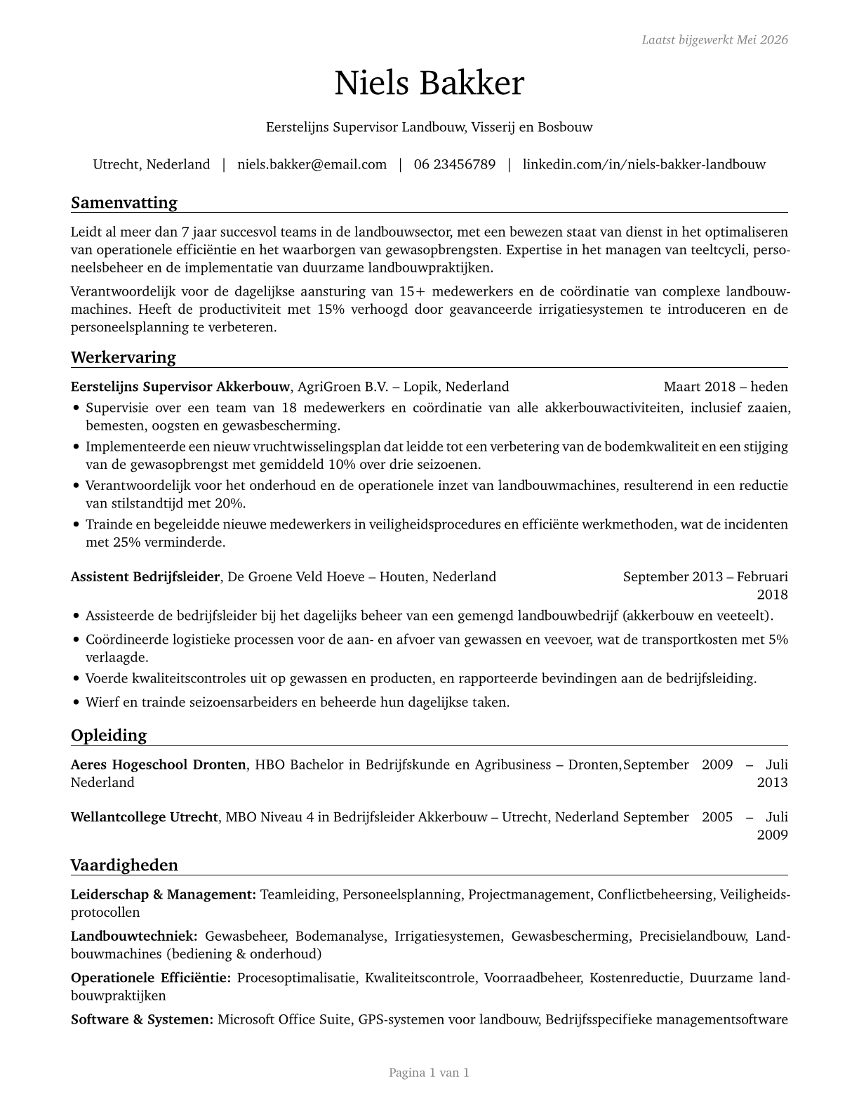 First-Line Supervisors of Farming, Fishing, and Forestry Workers CV in Dutch — page 1
