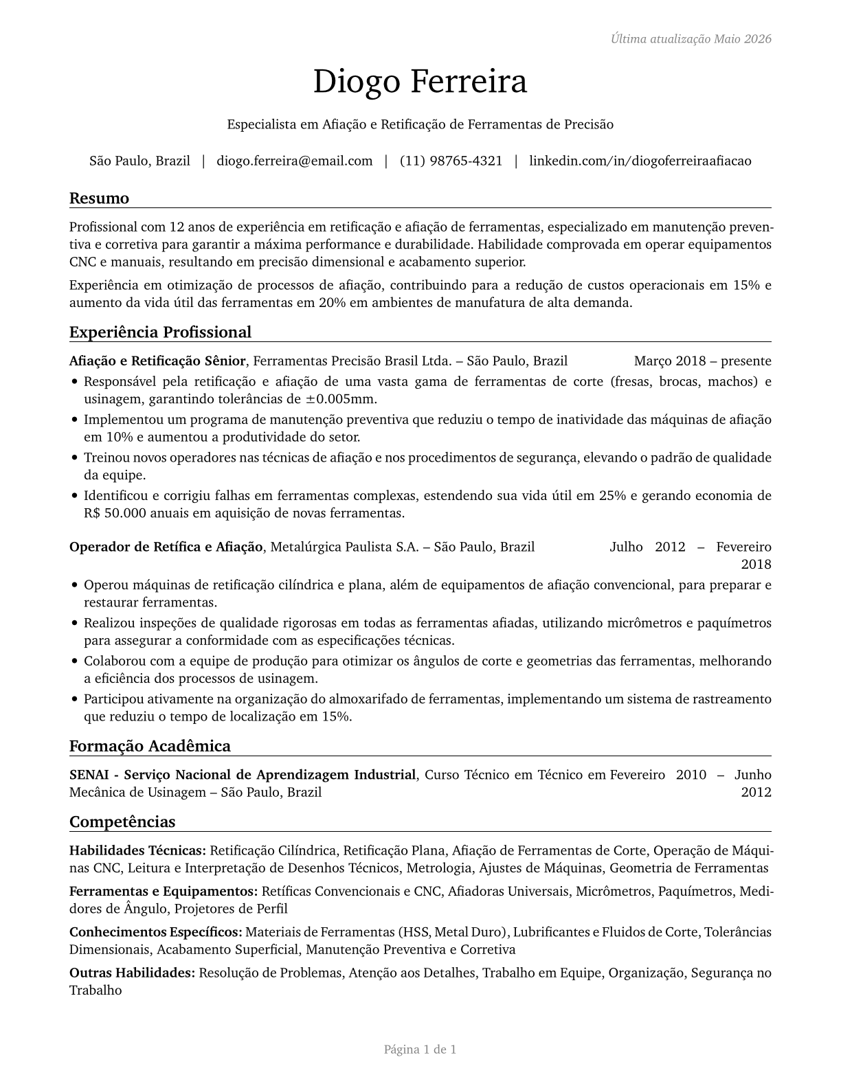 Tool Grinders, Filers, and Sharpeners CV in Portuguese — page 1