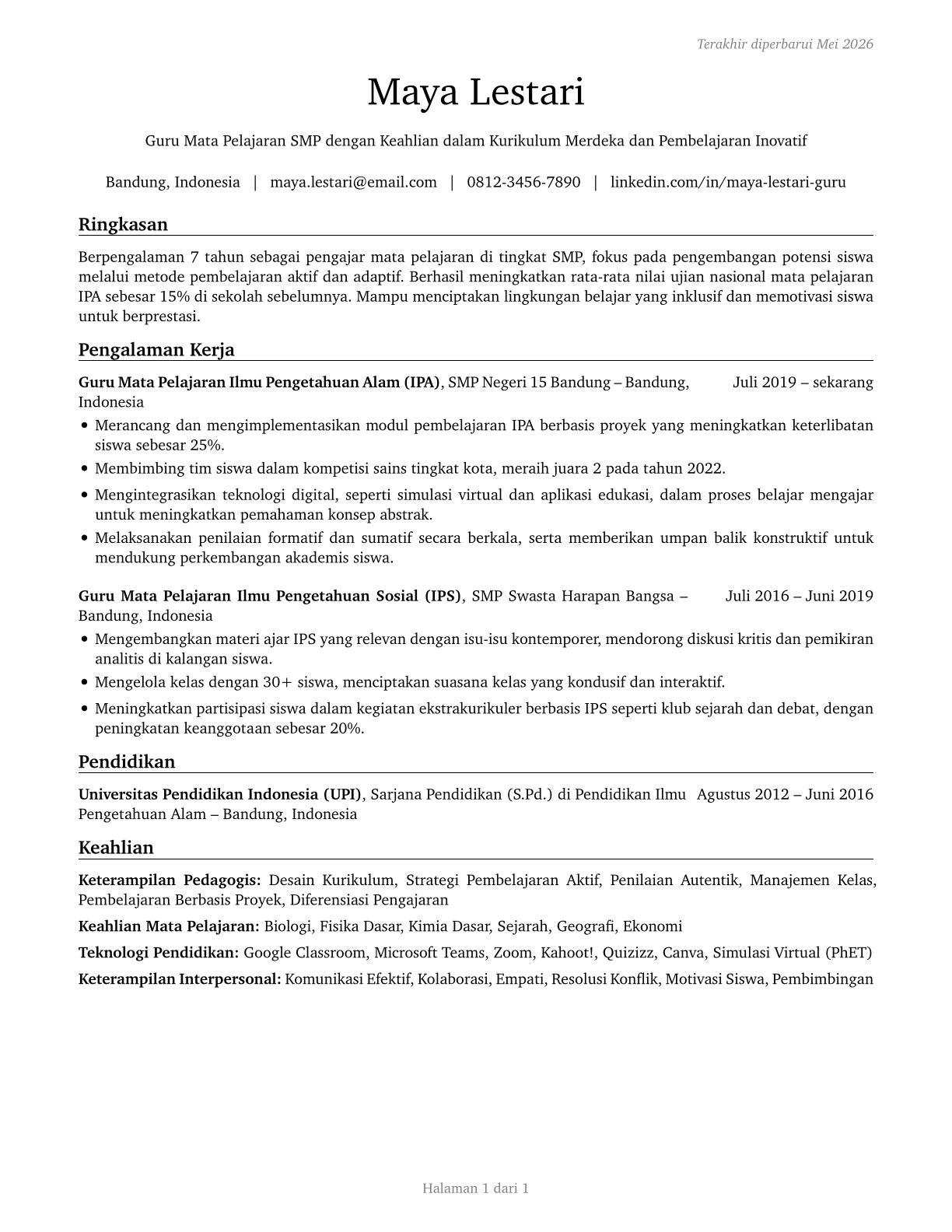 Middle School Teachers, Except Special and Career/Technical Education CV in Indonesian — page 1