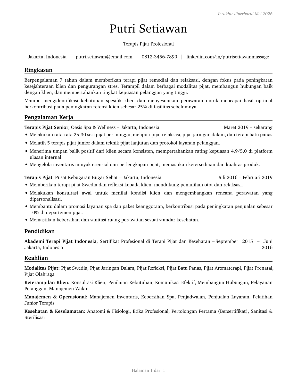 Massage Therapists CV in Indonesian — page 1