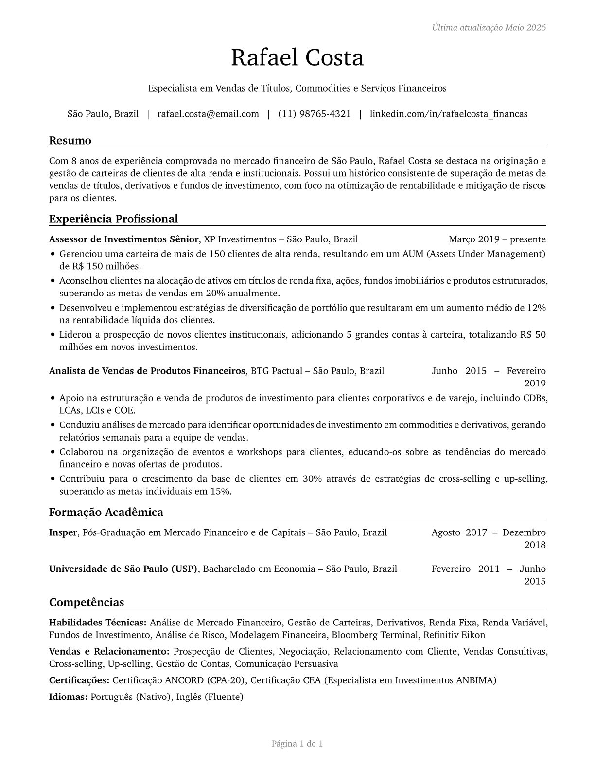 Securities, Commodities, and Financial Services Sales Agents CV in Portuguese — page 1