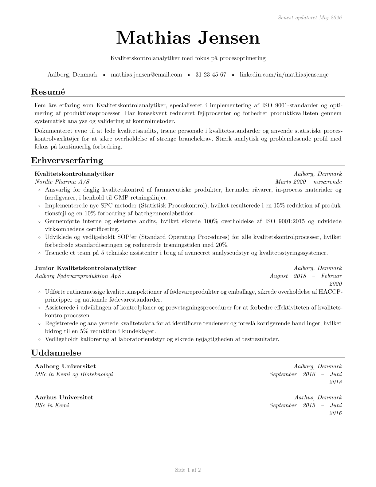 Quality Control Analysts CV in Danish — page 1