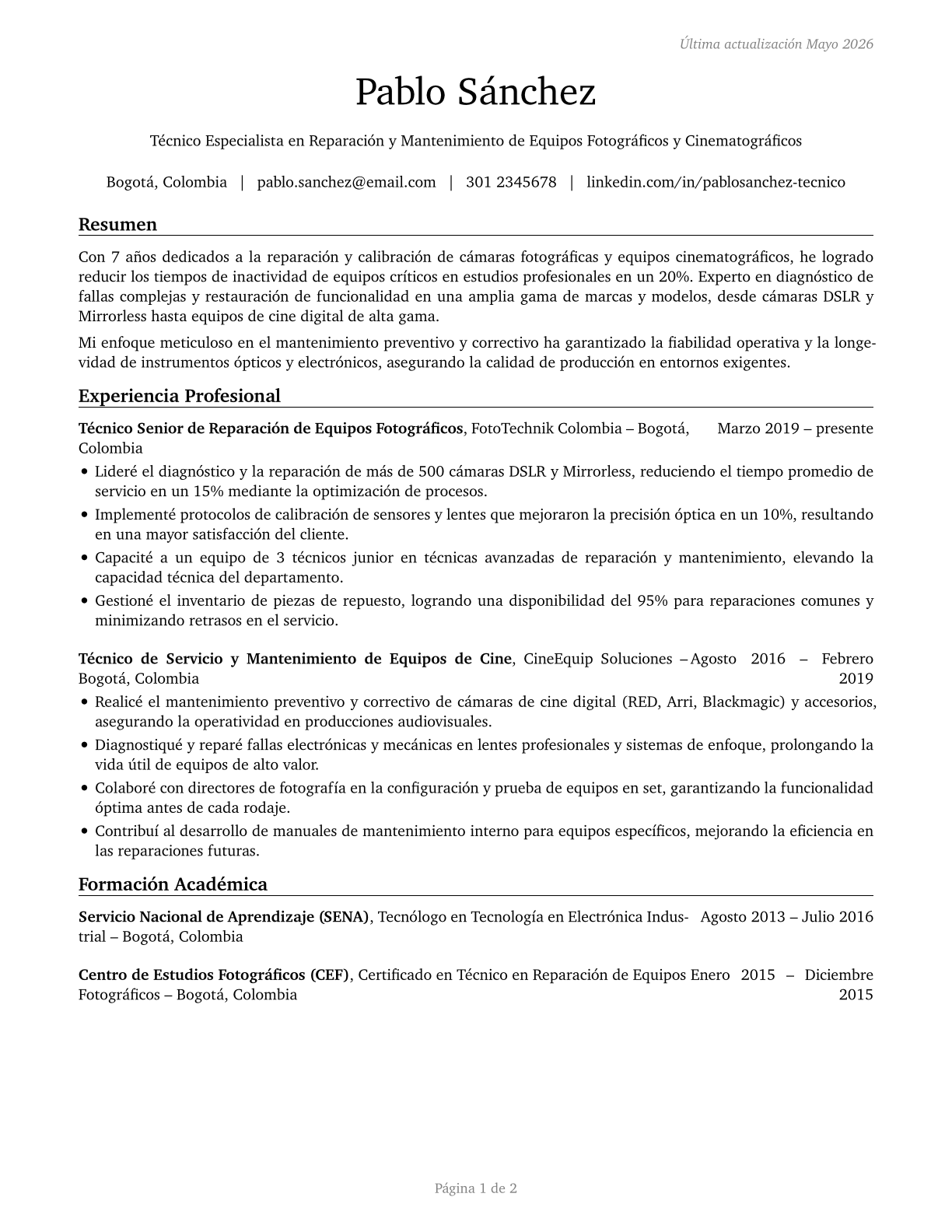 Camera and Photographic Equipment Repairers CV in Spanish — page 1