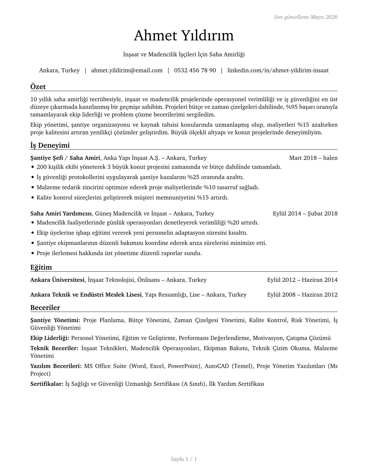 First-Line Supervisors of Construction Trades and Extraction Workers CV in Turkish — page 1