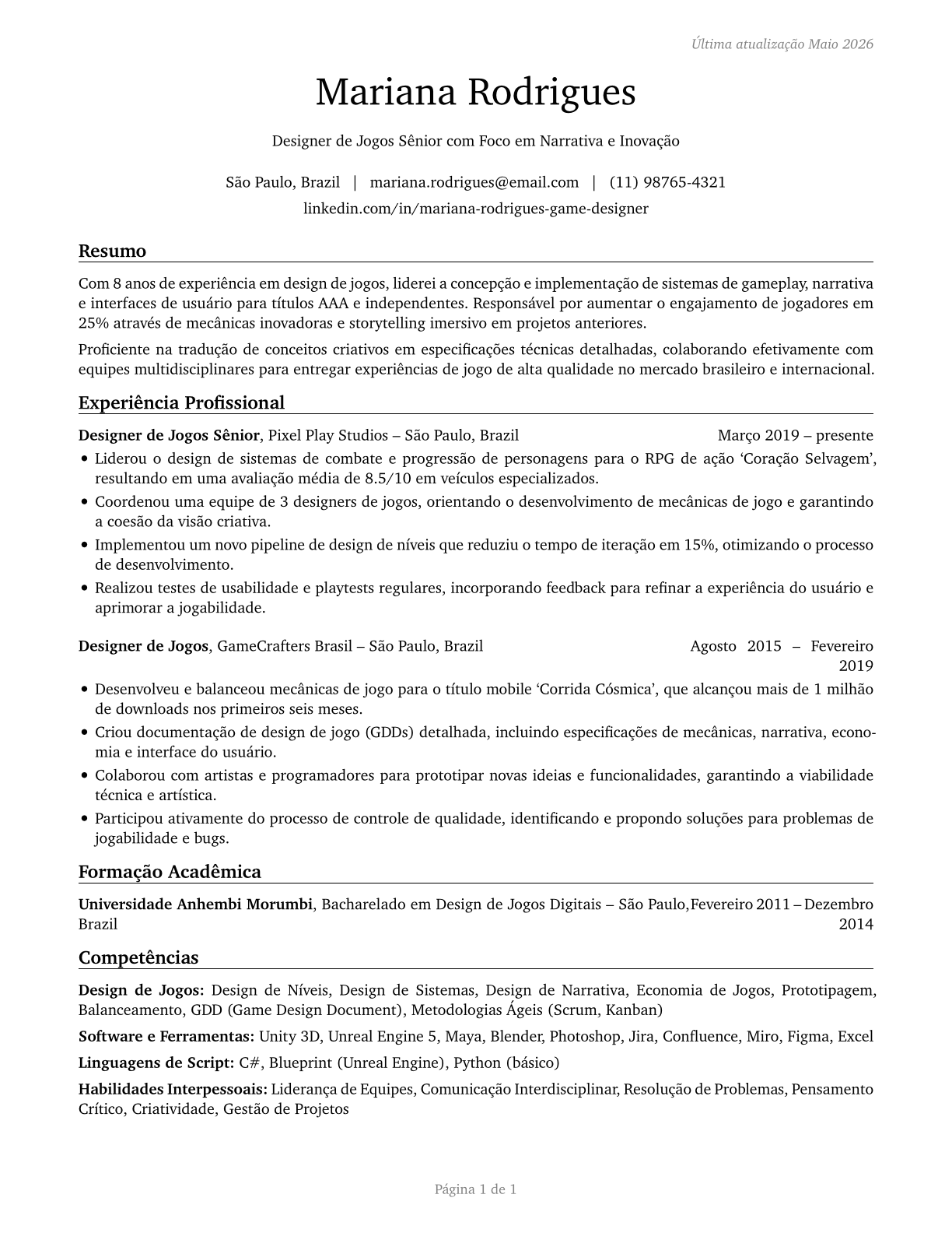 Video Game Designers CV in Portuguese — page 1