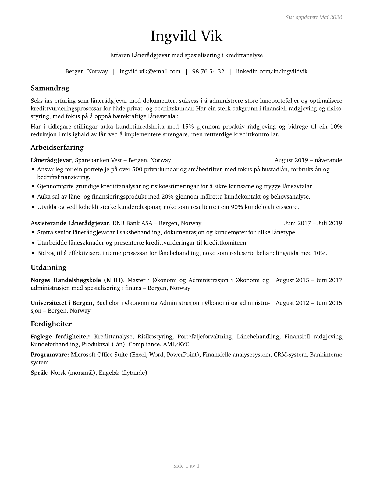 Loan Officers CV in Norwegian_nynorsk — page 1