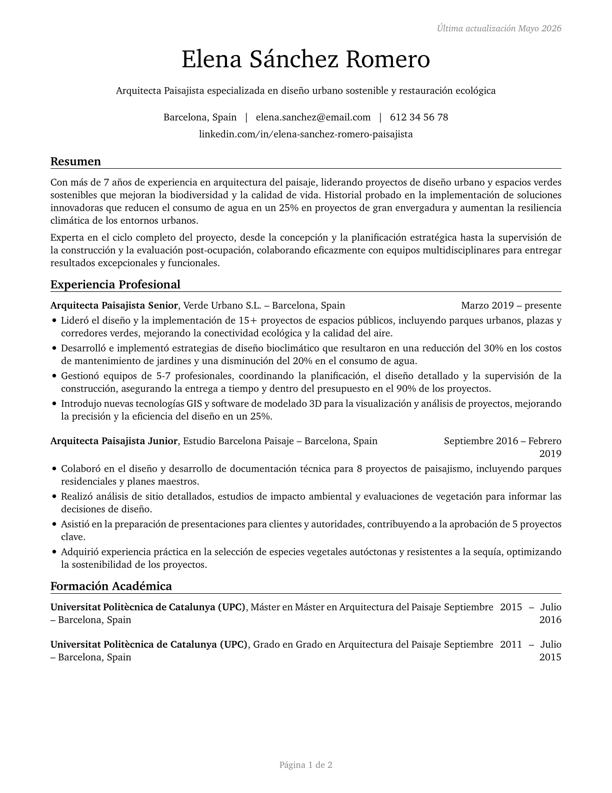 Landscape Architects CV in Spanish — page 1