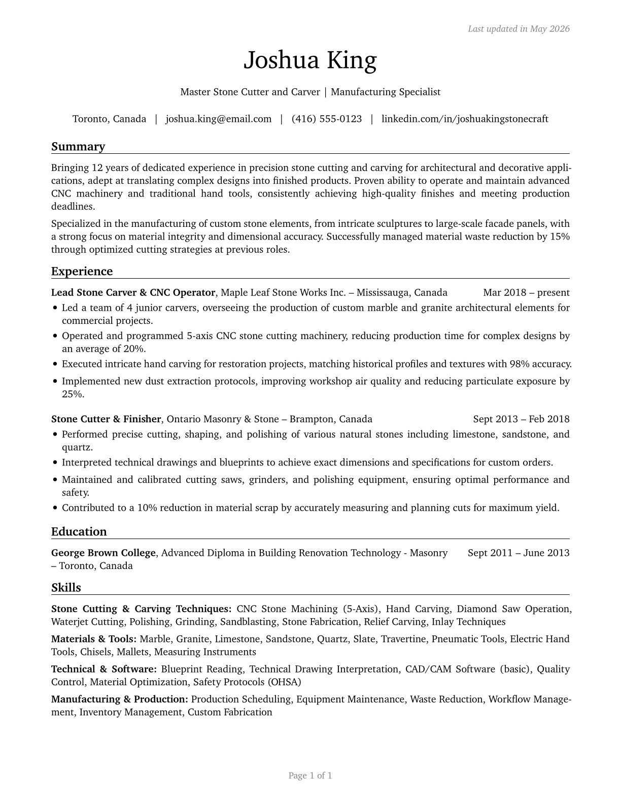 Stone Cutters and Carvers, Manufacturing CV in English — page 1