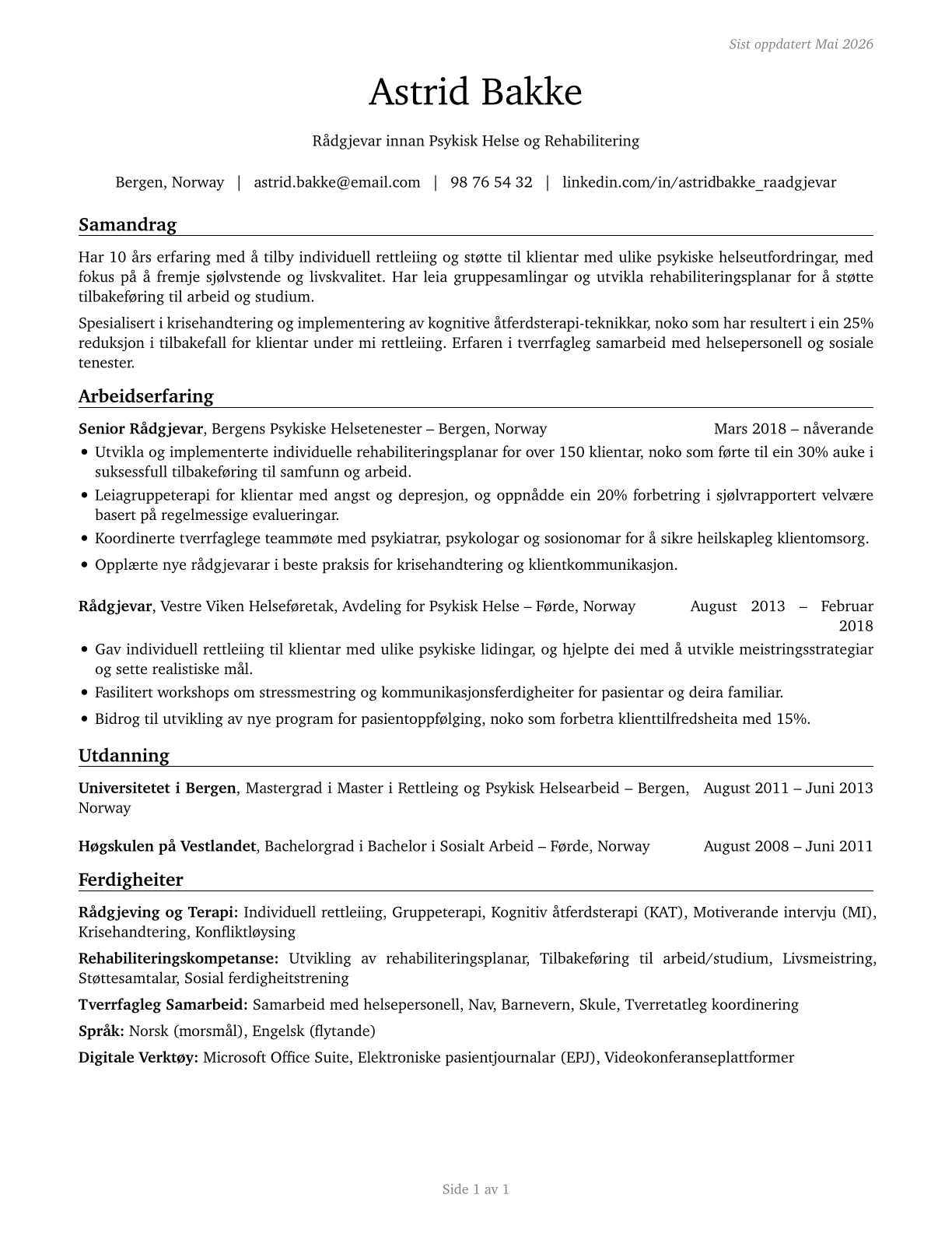 Counselors, All Other CV in Norwegian_nynorsk — page 1