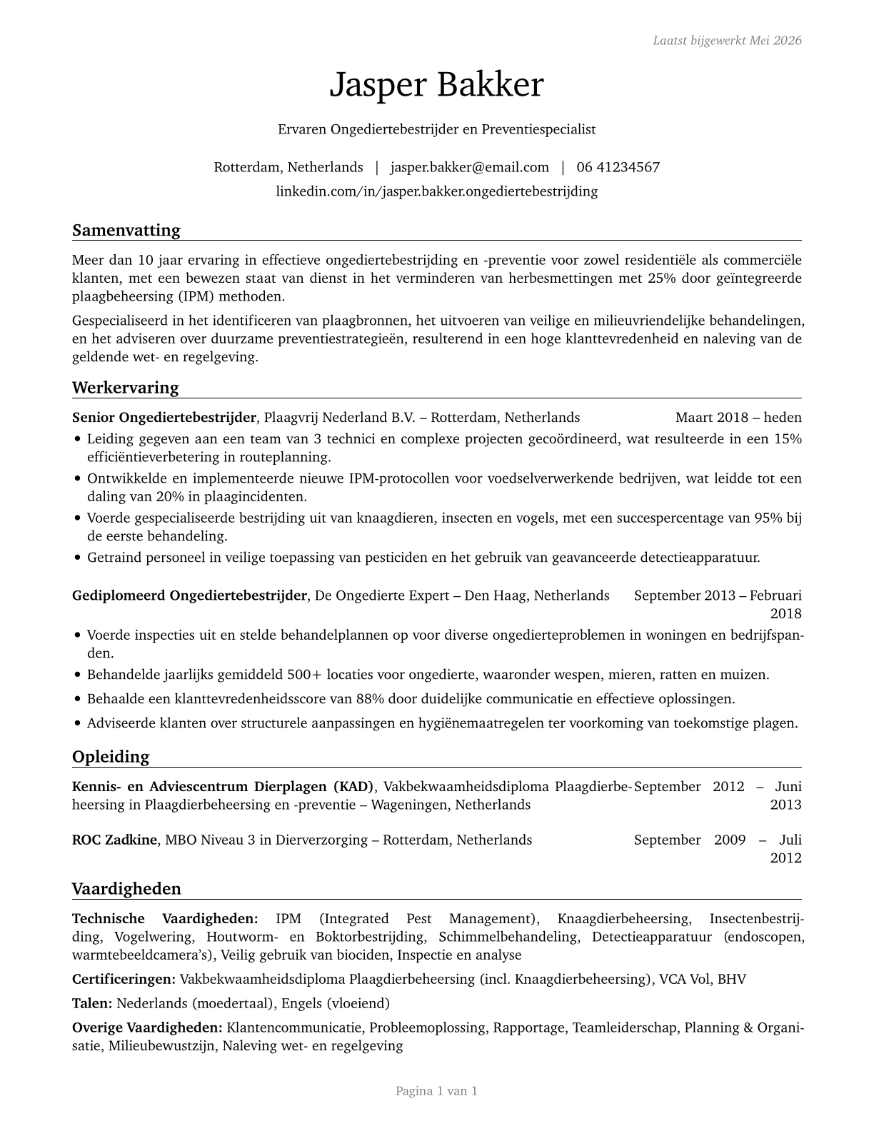 Pest Control Workers CV in Dutch — page 1