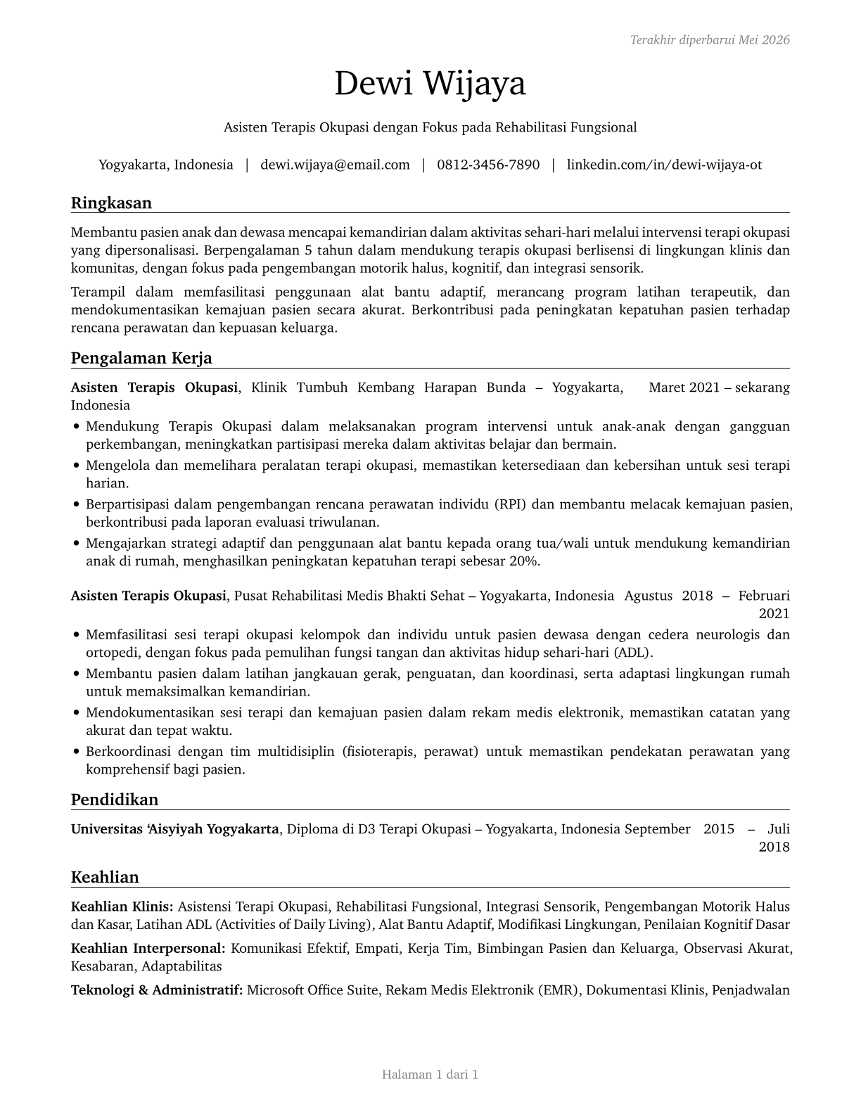 Occupational Therapy Assistants CV in Indonesian — page 1