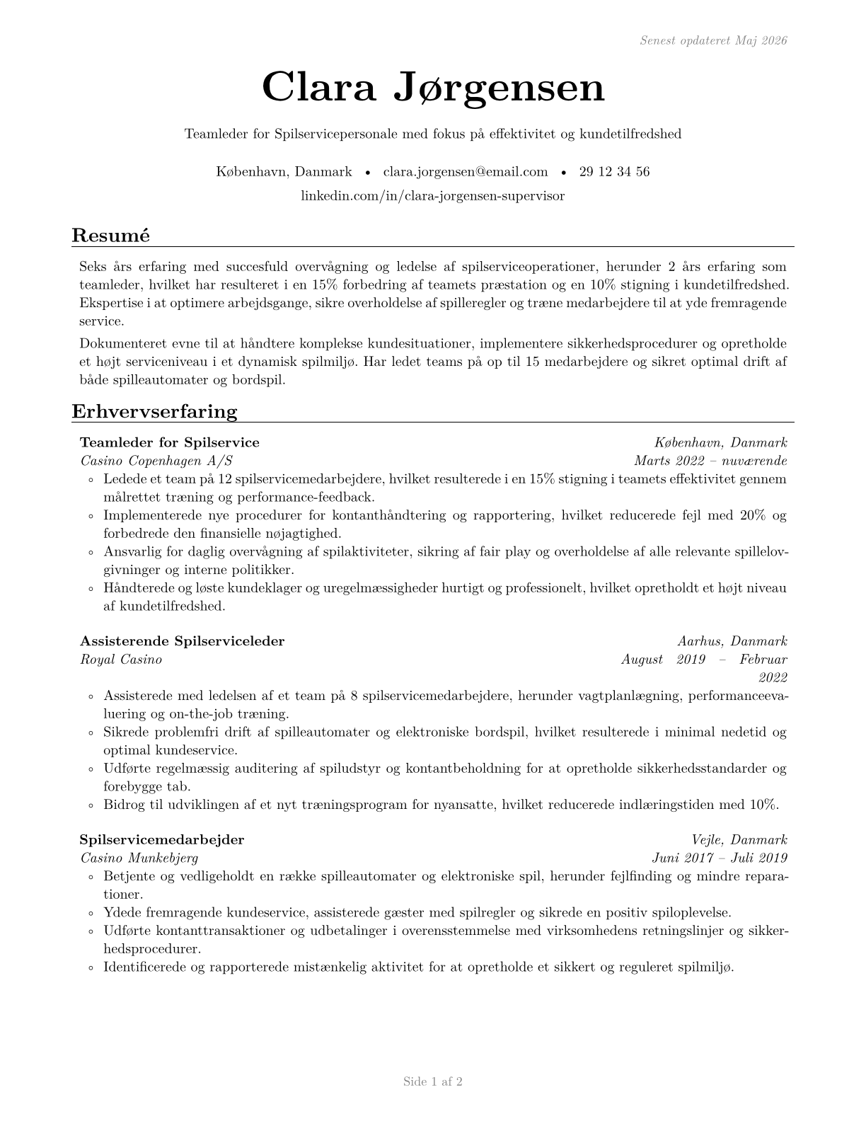 First-Line Supervisors of Gambling Services Workers CV in Danish — page 1