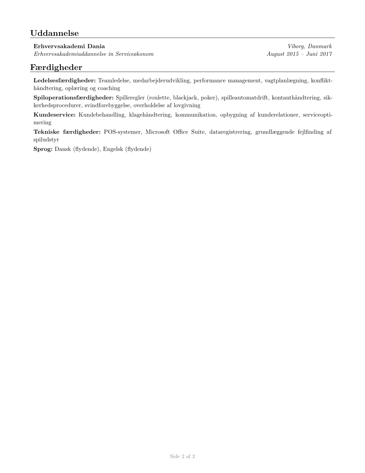 First-Line Supervisors of Gambling Services Workers CV in Danish — page 2