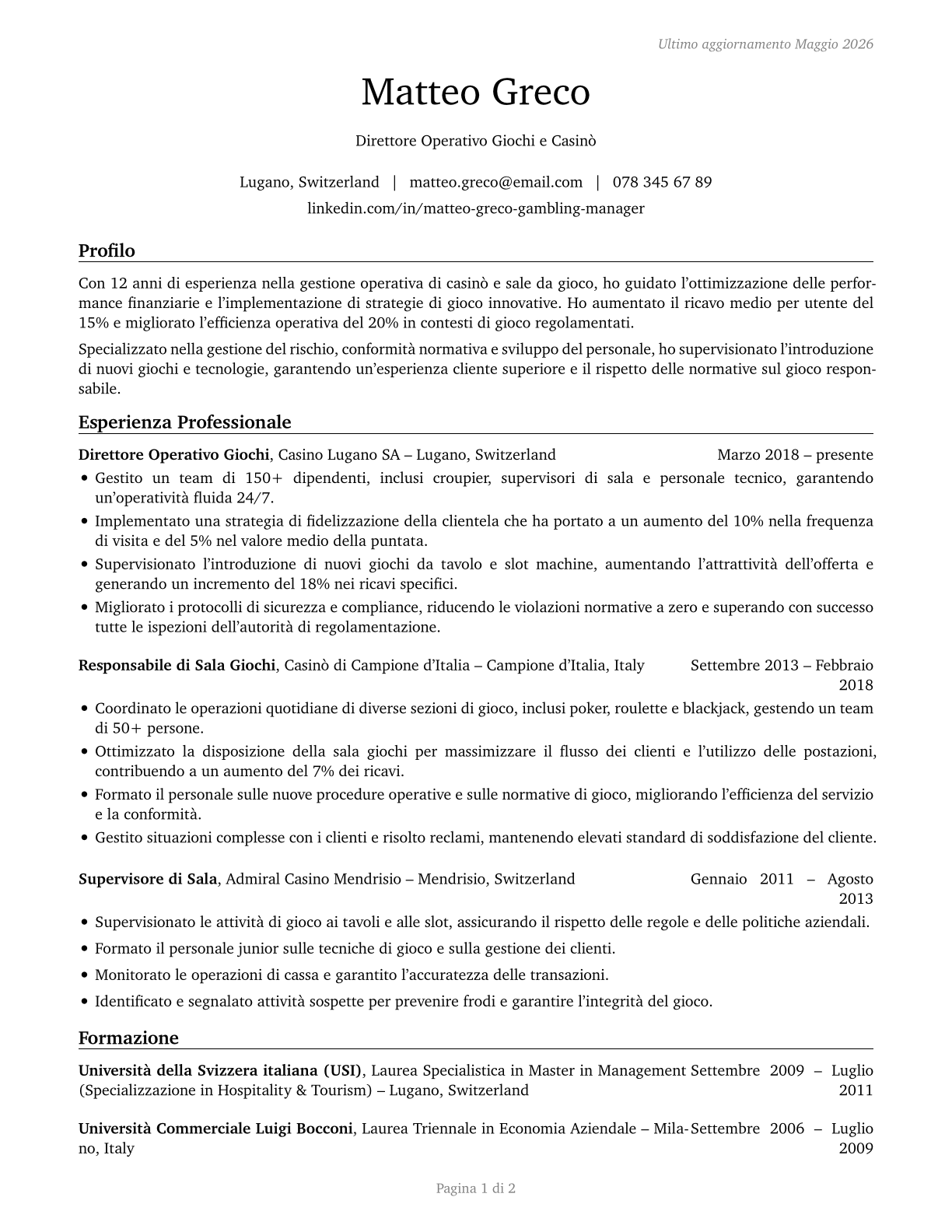 Gambling Managers CV in Italian — page 1