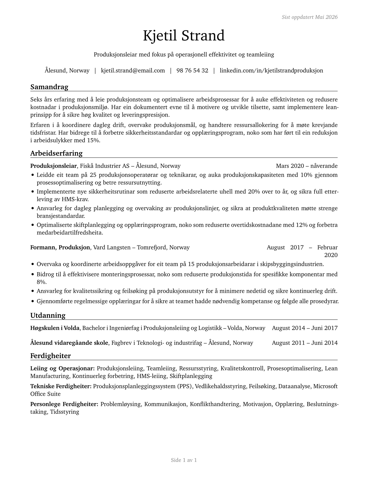 First-Line Supervisors of Production and Operating Workers CV in Norwegian_nynorsk — page 1